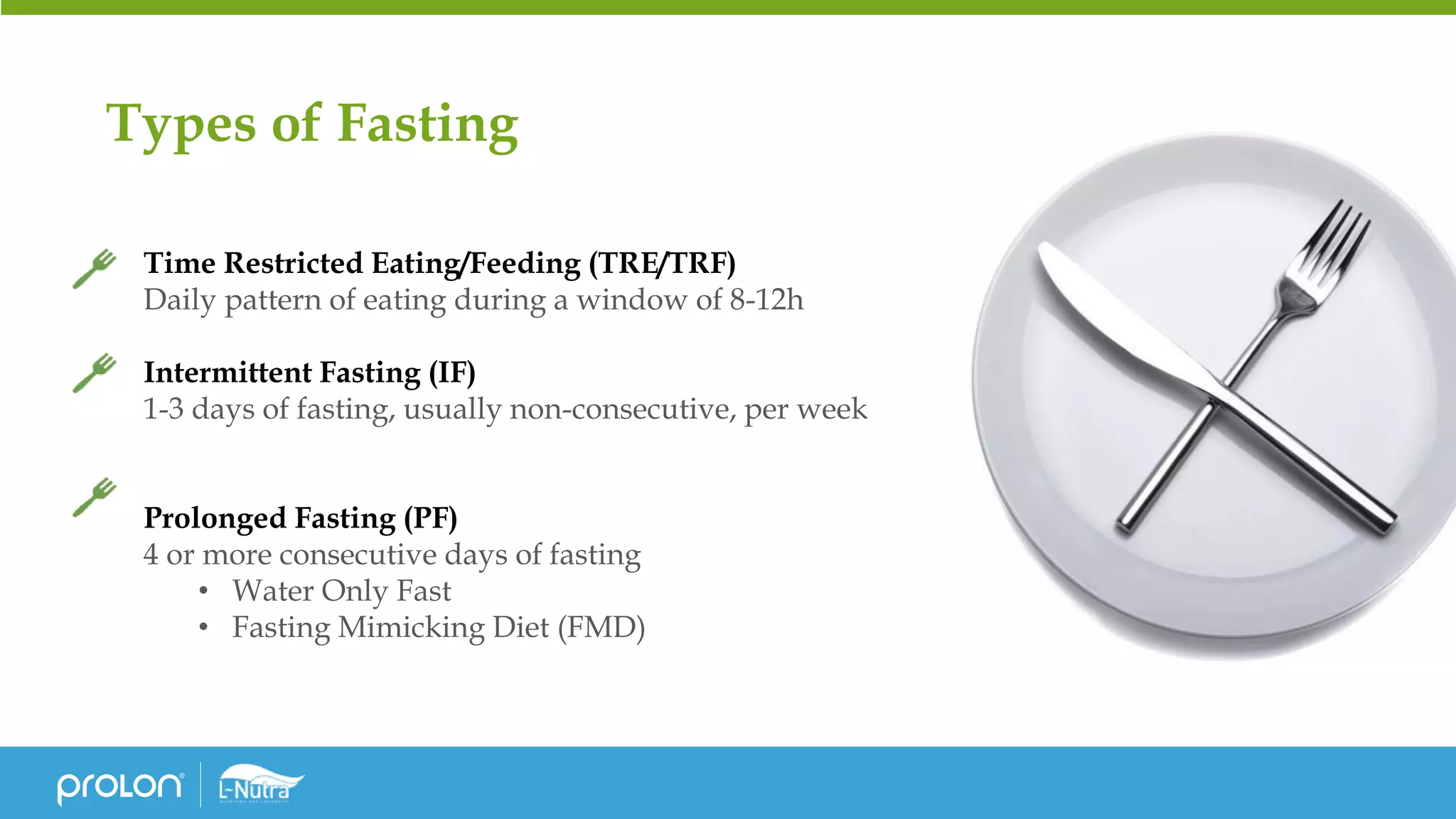 Types of Fasting
Time Restricted Eating/Feeding (TRE/TRF)
Daily pattern of eating during a window of 8-12h
Intermittent Fasting (IF)
1-3 days of fasting, usually non-consecutive, per week
Prolonged Fasting (PF)
4 or more consecutive days of fasting
• Water Only Fast
• Fasting Mimicking Diet (FMD)
 