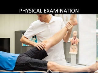 PHYSICAL EXAMINATION
2. Straight leg raising test:
Positive in 90% cases
Patient lies supine with head flat or on a pillow
Examiner stabilizes pelvis and with other hand, slowly
elevates leg by the heel with knee straight.
Patient is questioned if this produces leg pain.
Leg pain or radicular symptoms produced- positive
 