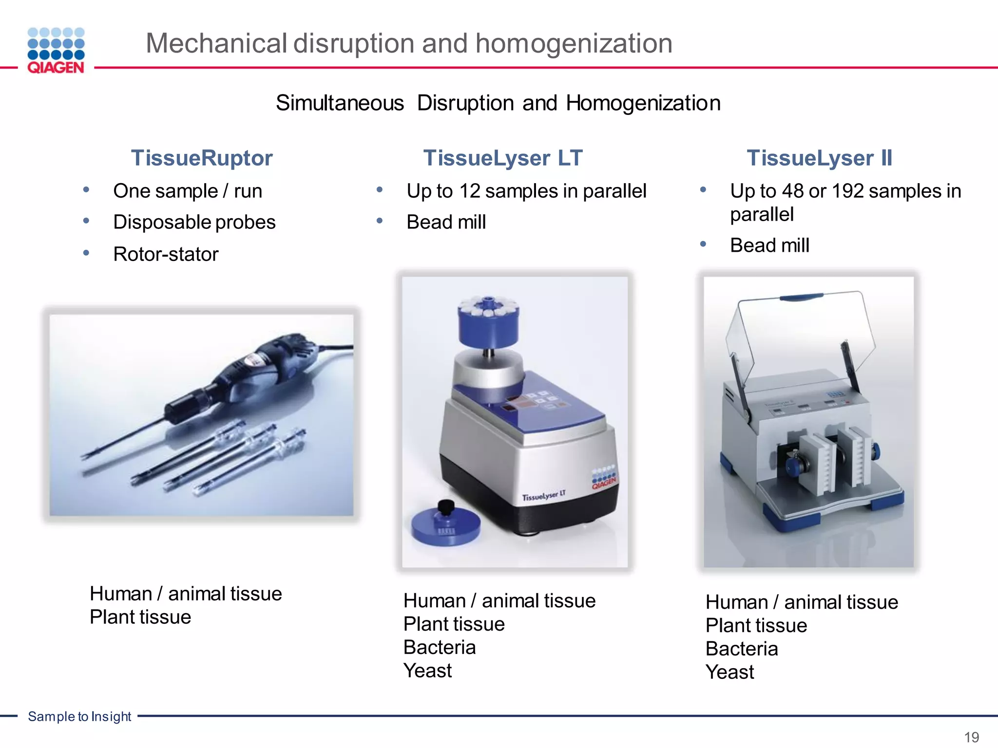 Sample to Insight
19
Simultaneous Disruption and Homogenization
TissueRuptor
• One sample / run
• Disposable probes
• Rotor-stator
TissueLyser LT
• Up to 12 samples in parallel
• Bead mill
TissueLyser II
• Up to 48 or 192 samples in
parallel
• Bead mill
Mechanical disruption and homogenization
Human / animal tissue
Plant tissue
Human / animal tissue
Plant tissue
Bacteria
Yeast
Human / animal tissue
Plant tissue
Bacteria
Yeast
 