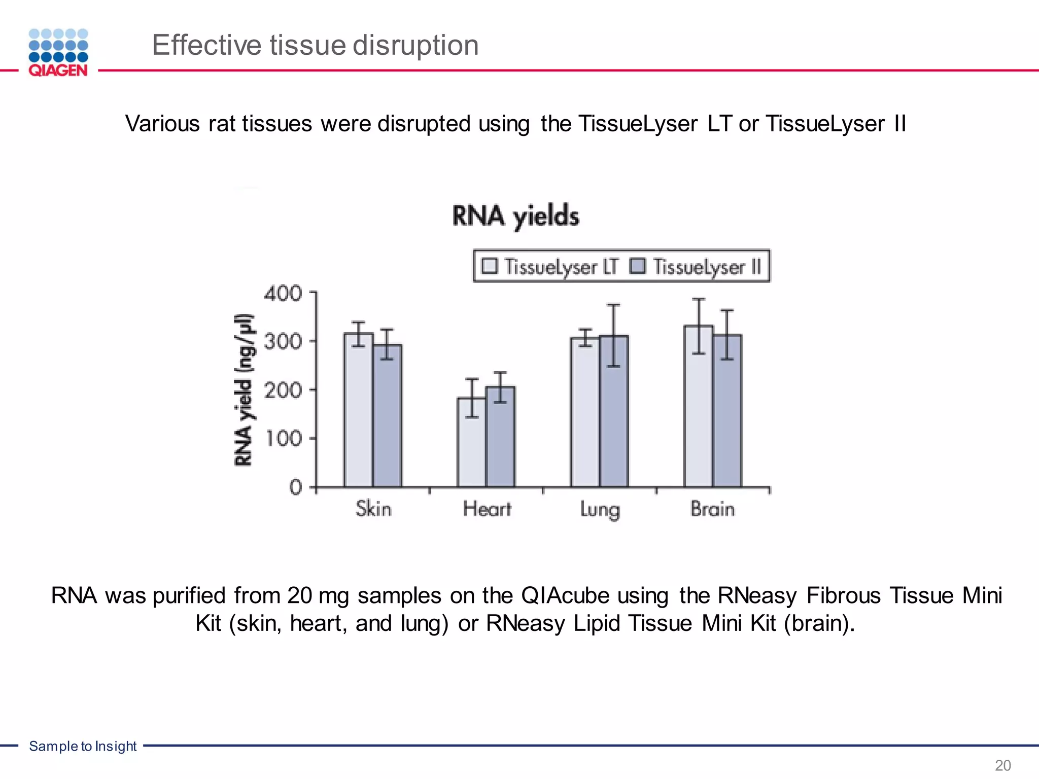 Sample to Insight
Effective tissue disruption
20
Various rat tissues were disrupted using the TissueLyser LT or TissueLyser II
RNA was purified from 20 mg samples on the QIAcube using the RNeasy Fibrous Tissue Mini
Kit (skin, heart, and lung) or RNeasy Lipid Tissue Mini Kit (brain).
 