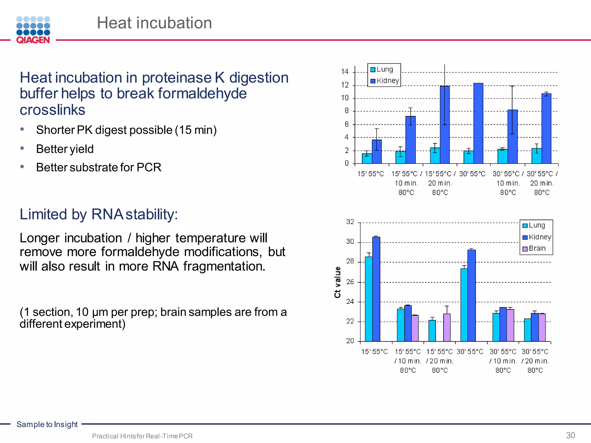 Sample to Insight
Heat incubation
Heat incubation in proteinase K digestion
buffer helps to break formaldehyde
crosslinks
• Shorter PK digest possible (15 min)
• Better yield
• Better substrate for PCR
Limited by RNAstability:
Longer incubation / higher temperature will
remove more formaldehyde modifications, but
will also result in more RNA fragmentation.
(1 section, 10 µm per prep; brain samples are from a
different experiment)
Practical Hintsfor Real-TimePCR 30
 