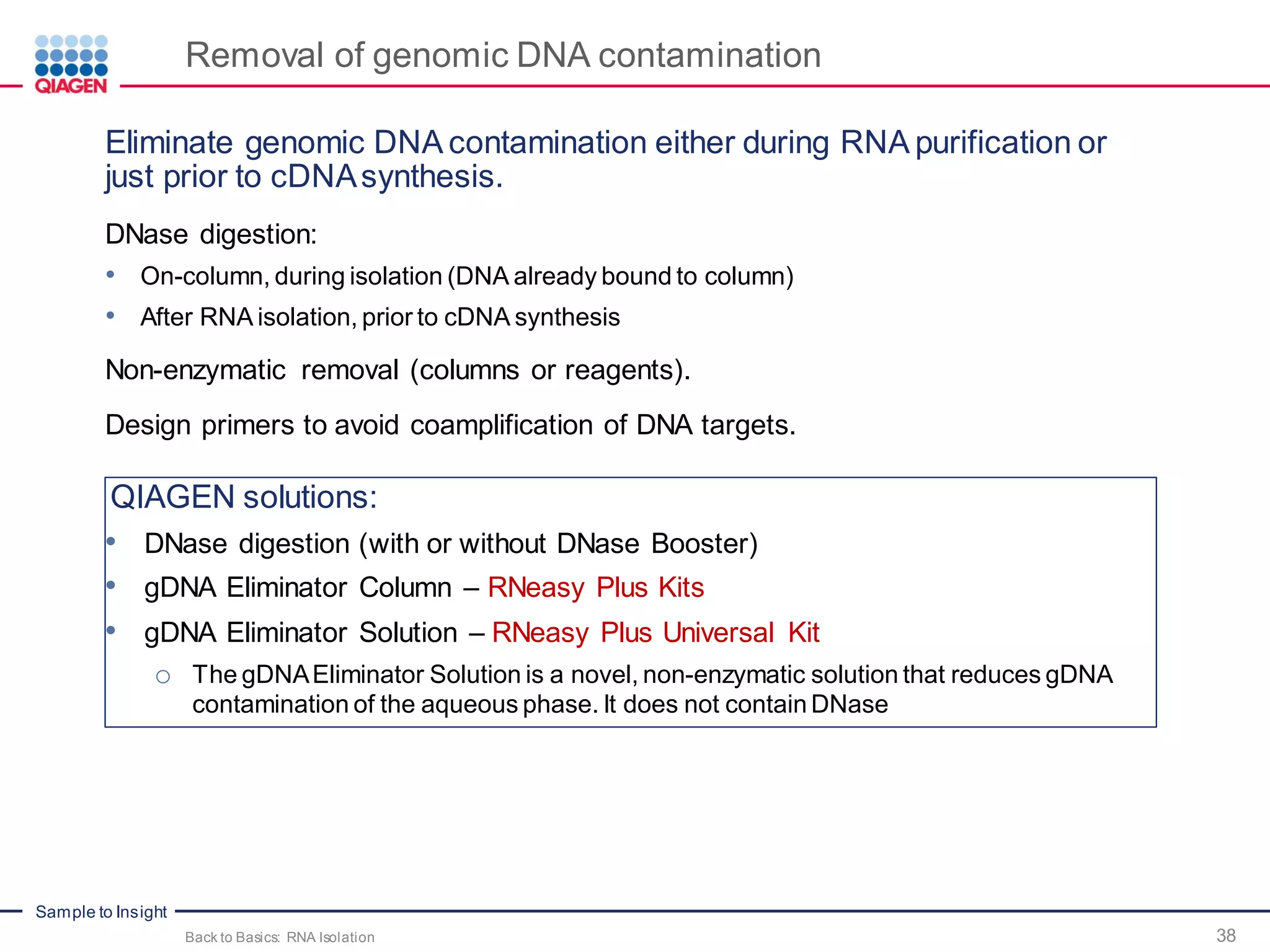 Sample to Insight
Removal of genomic DNA contamination
Back to Basics: RNA Isolation 38
Eliminate genomic DNA contamination either during RNA purification or
just prior to cDNAsynthesis.
DNase digestion:
• On-column, during isolation (DNA already bound to column)
• After RNA isolation, prior to cDNA synthesis
Non-enzymatic removal (columns or reagents).
Design primers to avoid coamplification of DNA targets.
QIAGEN solutions:
• DNase digestion (with or without DNase Booster)
• gDNA Eliminator Column – RNeasy Plus Kits
• gDNA Eliminator Solution – RNeasy Plus Universal Kit
o The gDNAEliminator Solution is a novel, non-enzymatic solution that reduces gDNA
contamination of the aqueous phase. It does not contain DNase
 