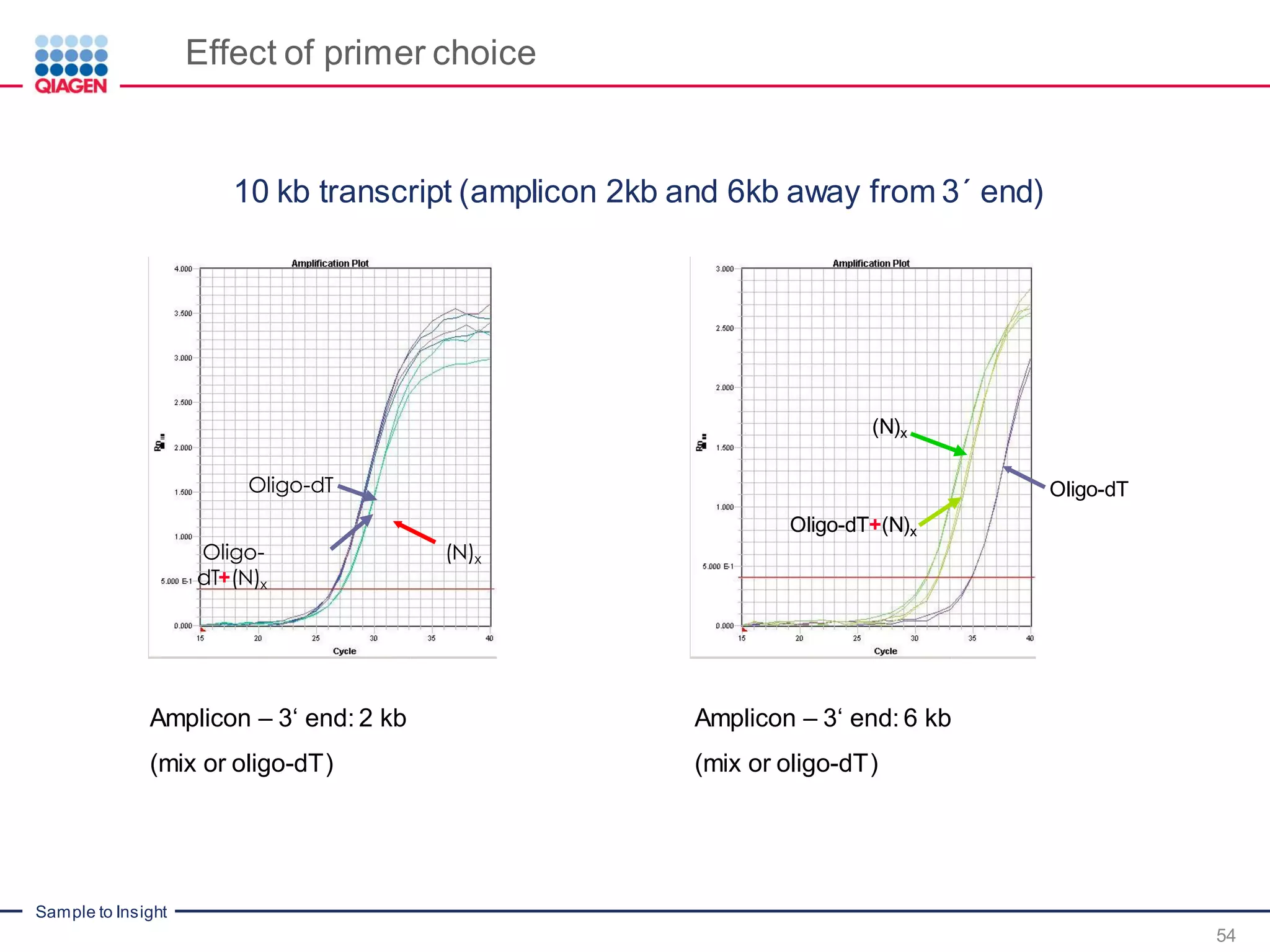 Sample to Insight
Effect of primer choice
Amplicon – 3‘ end: 2 kb
(mix or oligo-dT)
(N)xOligo-
dT+(N)x
Oligo-dT
Amplicon – 3‘ end: 6 kb
(mix or oligo-dT)
Oligo-dT
Oligo-dT+(N)x
(N)x
̣10 kb transcript (amplicon 2kb and 6kb away from 3´ end)
54
 