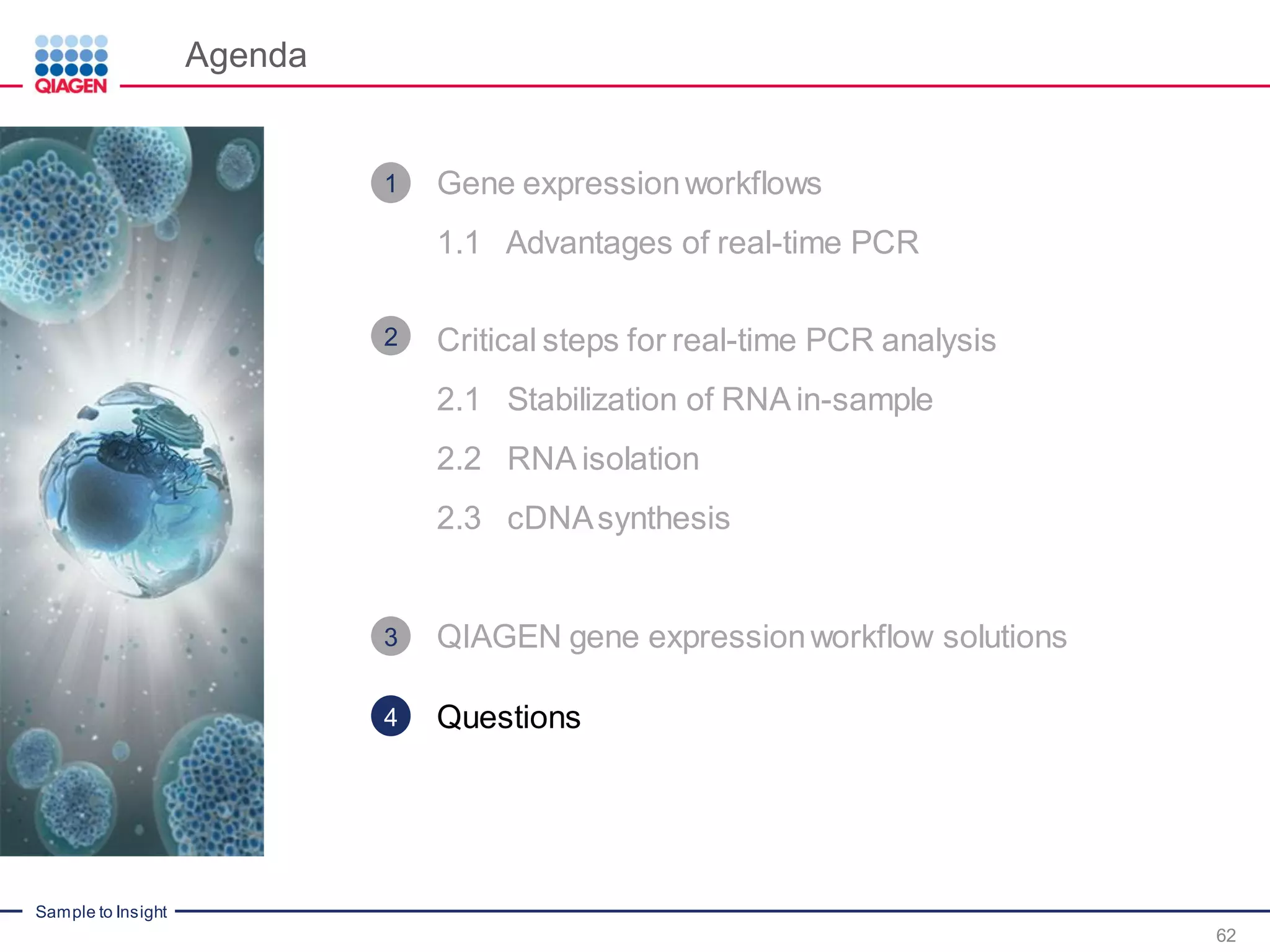 Sample to Insight
Agenda
62
Gene expressionworkflows
1.1 Advantages of real-time PCR
Critical steps for real-time PCR analysis
2.1 Stabilization of RNA in-sample
2.2 RNA isolation
2.3 cDNAsynthesis
QIAGEN gene expressionworkflow solutions
Questions
1
2
3
4
 