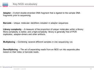 Sample to Insight
15
Adapter – A short double-stranded DNA fragment that is ligated to the sample DNA
fragments prior to sequencing.
Barcode – Unique molecular identifiers included in adapter sequences
.
Library complexity – A measure of the proportion of unique molecules within a library.
More complexity is better, and a high-complexity library is generally free of PCR
duplicates, adapter-dimers and other artifacts.
Multiplexing – Combining several different samples in one sequencing run.
Demultiplexing – The act of separating reads from an NGS run into separate piles
based on their index or barcode reads.
Key NGS vocabulary
Intro to NGS, 11.30.2016
 