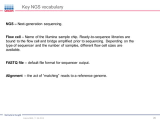 Sample to Insight
26
NGS – Next-generation sequencing.
Flow cell – Name of the Illumina sample chip. Ready-to-sequence libraries are
bound to the flow cell and bridge amplified prior to sequencing. Depending on the
type of sequencer and the number of samples, different flow cell sizes are
available.
FASTQ file – default file format for sequencer output.
Alignment – the act of “matching” reads to a reference genome.
Key NGS vocabulary
Intro to NGS, 11.30.2016
 