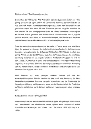 129




Einfluss auf das PC-Antikoagulationssystem


Der Einfluss der NHS auf die APC-Aktivität im isolierten System ist ähnlich den HYAs
gering. Die durch 25 µg/mL Aldrich HS verursachte Hemmung der APC-Aktivität um
40% war auch durch Konzentrationserhöhung bis 800 µg/mL nicht steigerbar. Im Ver-
gleich dazu erwies sich NaHS als noch schwächer wirksam. 25 µg/mL minderten die
APC-Aktivität um 23%. Demgegenüber wurde die Protac-vermittelte Aktivierung von
PC deutlich stärker gehemmt. Hier führten schon Konzentrationen von 20,0 µg/mL
(Aldrich HS) bzw. 60,0 µg/mL zu Aktivitätsminderungen, welche mit 50% außerhalb
des Normbereiches der APC-Aktivität (70-120% Aktivität) liegen können.


Trotz der ungünstigen Auswertbarkeit der Versuche in Plasma wurde eine gute Korre-
lation der Messwerte mit denen des isolierten Systems gefunden. Im Mehrkomponen-
tensysten Humanplasma ist der Einfluss der NHS auf die APC-Aktivität ebenfalls sehr
gering. Ähnlich wie bei den HYAs sind auch hier die Voraussetzungen für eine Wech-
selwirkung zwischen den v.a. negativ geladenen funktionellen Gruppen der NHS mit
den AS des APC-Moleküls im Sinne einer elektrostatischen- oder Dipolwechselwirkung
ungünstig. Im Gegensatz dazu wird der Vorgang der Protac-vermittelten Aktivierung
von PC stärker inhibiert. Beide Substanzen minderten die Aktivierung bei einer Kon-
zentration von 25 µg/mL um ca. 40%.


NHS      besitzen   nur   einen    geringen   direkten   Einfluss   auf   das   PC-
Antikoagulationssystem. Indirekt könnten sie aber durch eine Hemmung der APC-
Generation thrombogene Prozesse nachteilig unterstützen. Auf die Problematik der
Versuchsdurchführung und Auswertung sowie auf die Übertragbarkeit der Ergebnisse
auf In-vivo-Verhältnisse wurde bei den sulfatierten Hyaluronsäuren näher eingegan-
gen.


5.2.3.2. Einfluss auf das Fibrinolysesystem


Die Fibrinolyse ist der Hauptabwehrmechanismus gegen Ablagerungen von Fibrin an
den Gefäßwänden. Eine Unterfunktion dieses Systems kann ursächlich für throm-
boembolische Erkrankungen sein (Collen, 1987; Bachmann, 1987; Klöcking et al.,
1992).
 