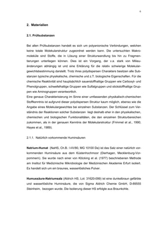 6




2. Materialien


2.1. Prüfsubstanzen


Bei allen Prüfsubstanzen handelt es sich um polyanionische Verbindungen, welchen
keine totale Molekularstruktur zugeordnet werden kann. Die untersuchten Makro-
moleküle sind Stoffe, die in Lösung einer Strukturwandlung bis hin zu Fragmen-
tierungen unterliegen können. Dies ist ein Vorgang, der v.a. stark von Milieu-
änderungen abhängig ist und eine Erklärung für die relativ schwierige Molekular-
gewichtsbestimmung darstellt. Trotz ihres polydispersen Charakters besitzen alle Sub-
stanzen typische physikalische, chemische und z.T. biologische Eigenschaften. Für die
chemische Reaktivität sind hauptsächlich sauerstoffhaltige Gruppen wie Carboxyl- und
Phenolgruppen, schwefelhaltige Gruppen wie Sulfatgruppen und stickstoffhaltige Grup-
pen wie Aminogruppen verantwortlich.
Eine genaue Charakterisierung im Sinne einer umfassenden physikalisch-chemischen
Stoffkenntnis ist aufgrund dieser polydispersen Struktur kaum möglich, ebenso wie die
Angabe eines Molekulargewichtes bei einzelnen Substanzen. Der Schlüssel zum Ver-
ständnis der Reaktionen solcher Substanzen liegt deshalb eher in den physikalischen,
chemischen und biologischen Funktionalitäten, die den einzelnen Strukturbereichen
zukommen, als in der genauen Kenntnis der Molekularstruktur (Frimmel et al., 1990;
Hayes et al., 1989).


2.1.1. Natürlich vorkommende Huminsäuren


Natrium-Humat (NaHS, Ch.B.: I-IV/80, MG 10100 Da) ist das Salz einer natürlich vor-
kommenden Huminsäure aus dem Küstenhochmoor (Dierhagen, Mecklenburg-Vor-
pommern). Sie wurde nach einer von Klöcking et al. (1977) beschriebenen Methode
am Institut für Medizinische Mikrobiologie der Medizinischen Akademie Erfurt isoliert.
Es handelt sich um ein braunes, wasserlösliches Pulver.


Humussäure-Natriumsalz (Aldrich HS, Lot: 31620-099) ist eine dunkelbraun gefärbte
und wasserlösliche Huminsäure, die von Sigma Aldrich Chemie GmbH, D-89555
Steinheim, bezogen wurde. Die Isolierung dieser HS erfolgte aus Braunkohle.
 