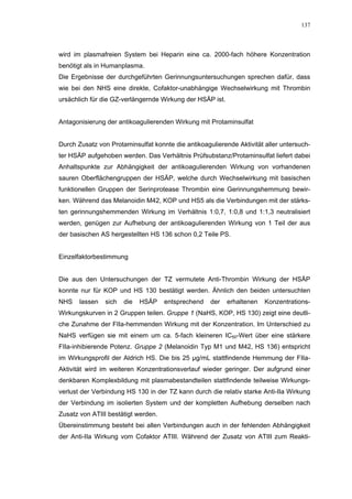 137




wird im plasmafreien System bei Heparin eine ca. 2000-fach höhere Konzentration
benötigt als in Humanplasma.
Die Ergebnisse der durchgeführten Gerinnungsuntersuchungen sprechen dafür, dass
wie bei den NHS eine direkte, Cofaktor-unabhängige Wechselwirkung mit Thrombin
ursächlich für die GZ-verlängernde Wirkung der HSÄP ist.


Antagonisierung der antikoagulierenden Wirkung mit Protaminsulfat


Durch Zusatz von Protaminsulfat konnte die antikoagulierende Aktivität aller untersuch-
ter HSÄP aufgehoben werden. Das Verhältnis Prüfsubstanz/Protaminsulfat liefert dabei
Anhaltspunkte zur Abhängigkeit der antikoagulierenden Wirkung von vorhandenen
sauren Oberflächengruppen der HSÄP, welche durch Wechselwirkung mit basischen
funktionellen Gruppen der Serinprotease Thrombin eine Gerinnungshemmung bewir-
ken. Während das Melanoidin M42, KOP und HS5 als die Verbindungen mit der stärks-
ten gerinnungshemmenden Wirkung im Verhältnis 1:0,7, 1:0,8 und 1:1,3 neutralisiert
werden, genügen zur Aufhebung der antikoagulierenden Wirkung von 1 Teil der aus
der basischen AS hergestellten HS 136 schon 0,2 Teile PS.


Einzelfaktorbestimmung


Die aus den Untersuchungen der TZ vermutete Anti-Thrombin Wirkung der HSÄP
konnte nur für KOP und HS 130 bestätigt werden. Ähnlich den beiden untersuchten
NHS    lassen   sich   die   HSÄP    entsprechend   der    erhaltenen   Konzentrations-
Wirkungskurven in 2 Gruppen teilen. Gruppe 1 (NaHS, KOP, HS 130) zeigt eine deutli-
che Zunahme der FIIa-hemmenden Wirkung mit der Konzentration. Im Unterschied zu
NaHS verfügen sie mit einem um ca. 5-fach kleineren IC50-Wert über eine stärkere
FIIa-inhibierende Potenz. Gruppe 2 (Melanoidin Typ M1 und M42, HS 136) entspricht
im Wirkungsprofil der Aldrich HS. Die bis 25 µg/mL stattfindende Hemmung der FIIa-
Aktivität wird im weiteren Konzentrationsverlauf wieder geringer. Der aufgrund einer
denkbaren Komplexbildung mit plasmabestandteilen stattfindende teilweise Wirkungs-
verlust der Verbindung HS 130 in der TZ kann durch die relativ starke Anti-IIa Wirkung
der Verbindung im isolierten System und der kompletten Aufhebung derselben nach
Zusatz von ATIII bestätigt werden.
Übereinstimmung besteht bei allen Verbindungen auch in der fehlenden Abhängigkeit
der Anti-IIa Wirkung vom Cofaktor ATIII. Während der Zusatz von ATIII zum Reakti-
 