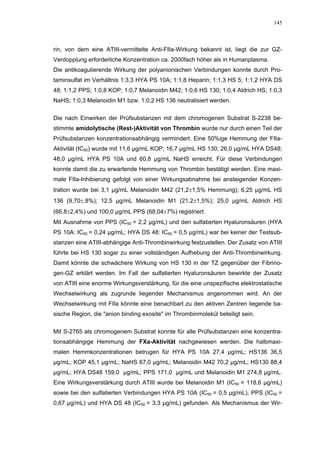 145




rin, von dem eine ATIII-vermittelte Anti-FIIa-Wirkung bekannt ist, liegt die zur GZ-
Verdopplung erforderliche Konzentration ca. 2000fach höher als in Humanplasma.
Die antikoagulierende Wirkung der polyanionischen Verbindungen konnte durch Pro-
taminsulfat im Verhältnis 1:3,3 HYA PS 10A; 1:1,8 Heparin; 1:1,3 HS 5; 1:1,2 HYA DS
48; 1:1,2 PPS; 1:0,8 KOP; 1:0,7 Melanoidin M42; 1:0,6 HS 130; 1:0,4 Aldrich HS; 1:0,3
NaHS; 1:0,3 Melanoidin M1 bzw. 1:0,2 HS 136 neutralisiert werden.

Die nach Einwirken der Prüfsubstanzen mit dem chromogenen Substrat S-2238 be-
stimmte amidolytische (Rest-)Aktivität von Thrombin wurde nur durch einen Teil der
Prüfsubstanzen konzentrationsabhängig vermindert. Eine 50%ige Hemmung der FIIa-
Aktivität (IC50) wurde mit 11,6 µg/mL KOP; 16,7 µg/mL HS 130; 26,0 µg/mL HYA DS48;
48,0 µg/mL HYA PS 10A und 60,8 µg/mL NaHS erreicht. Für diese Verbindungen
konnte damit die zu erwartende Hemmung von Thrombin bestätigt werden. Eine maxi-
male FIIa-Inhibierung gefolgt von einer Wirkungsabnahme bei ansteigender Konzen-
tration wurde bei 3,1 µg/mL Melanoidin M42 (21,2±1,5% Hemmung); 6,25 µg/mL HS
136 (9,70±,8%); 12,5 µg/mL Melanoidin M1 (21,2±1,5%); 25,0 µg/mL Aldrich HS
(66,8±2,4%) und 100,0 µg/mL PPS (68,04±7%) registriert.
Mit Ausnahme von PPS (IC50 = 2,2 µg/mL) und den sulfatierten Hyaluronsäuren (HYA
PS 10A: IC50 = 0,24 µg/mL; HYA DS 48: IC50 = 0,5 µg/mL) war bei keiner der Testsub-
stanzen eine ATIII-abhängige Anti-Thrombinwirkung festzustellen. Der Zusatz von ATIII
führte bei HS 130 sogar zu einer vollständigen Aufhebung der Anti-Thrombinwirkung.
Damit könnte die schwächere Wirkung von HS 130 in der TZ gegenüber der Fibrino-
gen-GZ erklärt werden. Im Fall der sulfatierten Hyaluronsäuren bewirkte der Zusatz
von ATIII eine enorme Wirkungsverstärkung, für die eine unspezifische elektrostatische
Wechselwirkung als zugrunde liegender Mechanismus angenommen wird. An der
Wechselwirkung mit FIIa könnte eine benachbart zu den aktiven Zentren liegende ba-
sische Region, die "anion binding exosite" im Thrombinmolekül beteiligt sein.

Mit S-2765 als chromogenem Substrat konnte für alle Prüfsubstanzen eine konzentra-
tionsabhängige Hemmung der FXa-Aktivität nachgewiesen werden. Die halbmaxi-
malen Hemmkonzentrationen betrugen für HYA PS 10A 27,4 µg/mL; HS136 36,5
µg/mL; KOP 45,1 µg/mL; NaHS 67,0 µg/mL; Melanoidin M42 70,2 µg/mL; HS130 88,4
µg/mL; HYA DS48 159,0 µg/mL; PPS 171,0 µg/mL und Melanoidin M1 274,8 µg/mL.
Eine Wirkungsverstärkung durch ATIII wurde bei Melanoidin M1 (IC50 = 118,6 µg/mL)
sowie bei den sulfatierten Verbindungen HYA PS 10A (IC50 = 0,5 µg/mL), PPS (IC50 =
0,67 µg/mL) und HYA DS 48 (IC50 = 3,3 µg/mL) gefunden. Als Mechanismus der Wir-
 