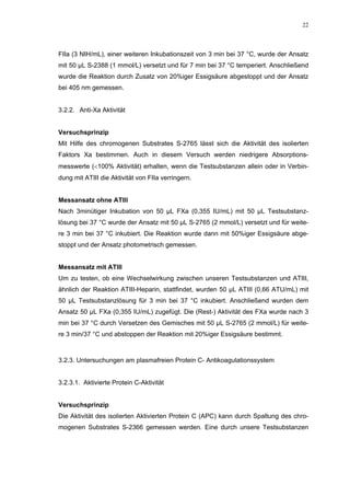 22




FIIa (3 NIH/mL), einer weiteren Inkubationszeit von 3 min bei 37 °C, wurde der Ansatz
mit 50 µL S-2388 (1 mmol/L) versetzt und für 7 min bei 37 °C temperiert. Anschließend
wurde die Reaktion durch Zusatz von 20%iger Essigsäure abgestoppt und der Ansatz
bei 405 nm gemessen.


3.2.2. Anti-Xa Aktivität


Versuchsprinzip
Mit Hilfe des chromogenen Substrates S-2765 lässt sich die Aktivität des isolierten
Faktors Xa bestimmen. Auch in diesem Versuch werden niedrigere Absorptions-
messwerte (<100% Aktivität) erhalten, wenn die Testsubstanzen allein oder in Verbin-
dung mit ATIII die Aktivität von FIIa verringern.


Messansatz ohne ATIII
Nach 3minütiger Inkubation von 50 µL FXa (0,355 IU/mL) mit 50 µL Testsubstanz-
lösung bei 37 °C wurde der Ansatz mit 50 µL S-2765 (2 mmol/L) versetzt und für weite-
re 3 min bei 37 °C inkubiert. Die Reaktion wurde dann mit 50%iger Essigsäure abge-
stoppt und der Ansatz photometrisch gemessen.


Messansatz mit ATIII
Um zu testen, ob eine Wechselwirkung zwischen unseren Testsubstanzen und ATIII,
ähnlich der Reaktion ATIII-Heparin, stattfindet, wurden 50 µL ATIII (0,66 ATU/mL) mit
50 µL Testsubstanzlösung für 3 min bei 37 °C inkubiert. Anschließend wurden dem
Ansatz 50 µL FXa (0,355 IU/mL) zugefügt. Die (Rest-) Aktivität des FXa wurde nach 3
min bei 37 °C durch Versetzen des Gemisches mit 50 µL S-2765 (2 mmol/L) für weite-
re 3 min/37 °C und abstoppen der Reaktion mit 20%iger Essigsäure bestimmt.



3.2.3. Untersuchungen am plasmafreien Protein C- Antikoagulationssystem


3.2.3.1. Aktivierte Protein C-Aktivität


Versuchsprinzip
Die Aktivität des isolierten Aktivierten Protein C (APC) kann durch Spaltung des chro-
mogenen Substrates S-2366 gemessen werden. Eine durch unsere Testsubstanzen
 