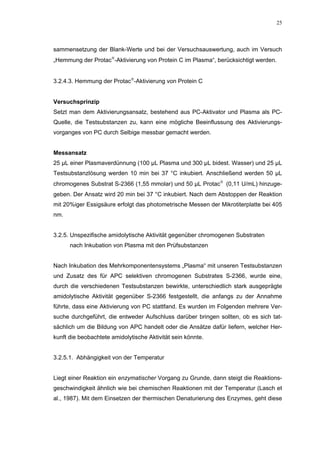 25




sammensetzung der Blank-Werte und bei der Versuchsauswertung, auch im Versuch
„Hemmung der Protac-Aktivierung von Protein C im Plasma“, berücksichtigt werden.


3.2.4.3. Hemmung der Protac-Aktivierung von Protein C


Versuchsprinzip
Setzt man dem Aktivierungsansatz, bestehend aus PC-Aktivator und Plasma als PC-
Quelle, die Testsubstanzen zu, kann eine mögliche Beeinflussung des Aktivierungs-
vorganges von PC durch Selbige messbar gemacht werden.


Messansatz
25 µL einer Plasmaverdünnung (100 µL Plasma und 300 µL bidest. Wasser) und 25 µL
Testsubstanzlösung werden 10 min bei 37 °C inkubiert. Anschließend werden 50 µL
chromogenes Substrat S-2366 (1,55 mmolar) und 50 µL Protac (0,11 U/mL) hinzuge-
geben. Der Ansatz wird 20 min bei 37 °C inkubiert. Nach dem Abstoppen der Reaktion
mit 20%iger Essigsäure erfolgt das photometrische Messen der Mikrotiterplatte bei 405
nm.


3.2.5. Unspezifische amidolytische Aktivität gegenüber chromogenen Substraten
      nach Inkubation von Plasma mit den Prüfsubstanzen


Nach Inkubation des Mehrkomponentensystems „Plasma“ mit unseren Testsubstanzen
und Zusatz des für APC selektiven chromogenen Substrates S-2366, wurde eine,
durch die verschiedenen Testsubstanzen bewirkte, unterschiedlich stark ausgeprägte
amidolytische Aktivität gegenüber S-2366 festgestellt, die anfangs zu der Annahme
führte, dass eine Aktivierung von PC stattfand. Es wurden im Folgenden mehrere Ver-
suche durchgeführt, die entweder Aufschluss darüber bringen sollten, ob es sich tat-
sächlich um die Bildung von APC handelt oder die Ansätze dafür liefern, welcher Her-
kunft die beobachtete amidolytische Aktivität sein könnte.


3.2.5.1. Abhängigkeit von der Temperatur


Liegt einer Reaktion ein enzymatischer Vorgang zu Grunde, dann steigt die Reaktions-
geschwindigkeit ähnlich wie bei chemischen Reaktionen mit der Temperatur (Lasch et
al., 1987). Mit dem Einsetzen der thermischen Denaturierung des Enzymes, geht diese
 