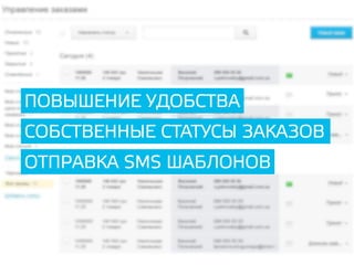 ПОВЫШЕНИЕ УДОБСТВА
СОБСТВЕННЫЕ СТАТУСЫ ЗАКАЗОВ
ОТПРАВКА SMS ШАБЛОНОВ
 