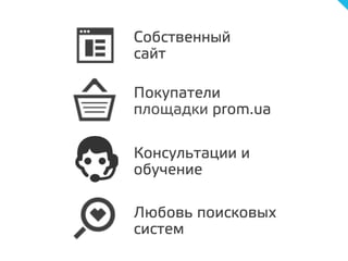 Собственный
сайт
Покупатели
площадки prom.ua
Консультации и
обучение
Любовь поисковых
систем
 