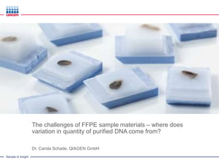 Sample to Insight
The challenges of FFPE sample materials – where does
variation in quantity of purified DNA come from?
Dr. Carola Schade, QIAGEN GmbH
 
