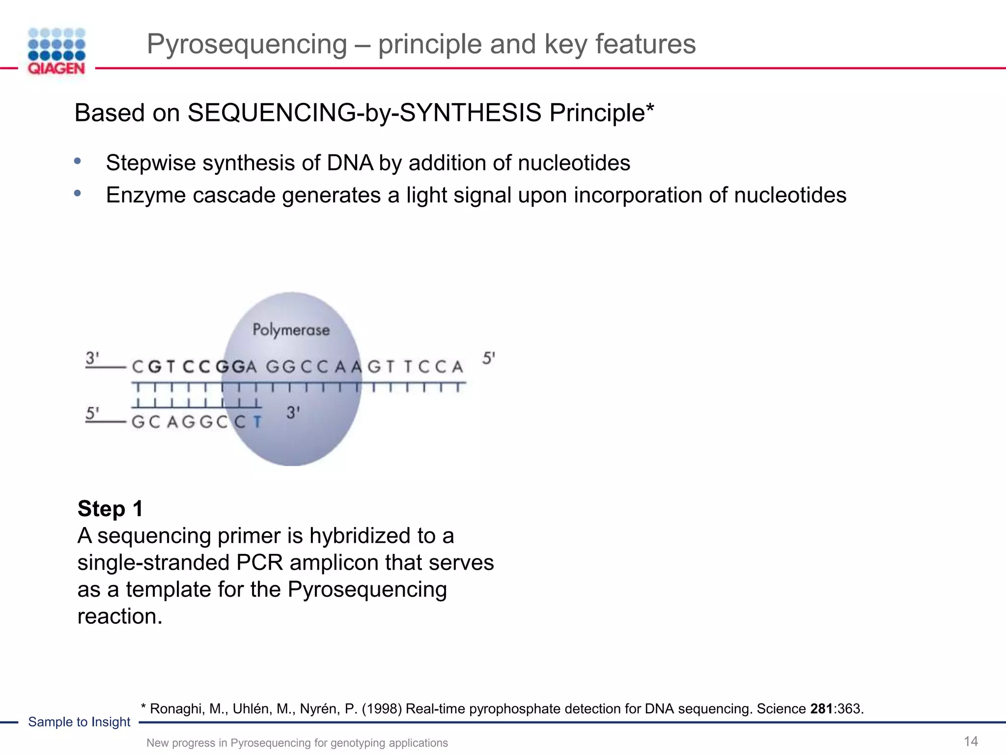 Sample to Insight
Pyrosequencing – principle and key features
New progress in Pyrosequencing for genotyping applications 14
Step 1
A sequencing primer is hybridized to a
single-stranded PCR amplicon that serves
as a template for the Pyrosequencing
reaction.
.Based on SEQUENCING-by-SYNTHESIS Principle*
• Stepwise synthesis of DNA by addition of nucleotides
• Enzyme cascade generates a light signal upon incorporation of nucleotides
* Ronaghi, M., Uhlén, M., Nyrén, P. (1998) Real-time pyrophosphate detection for DNA sequencing. Science 281:363.
 