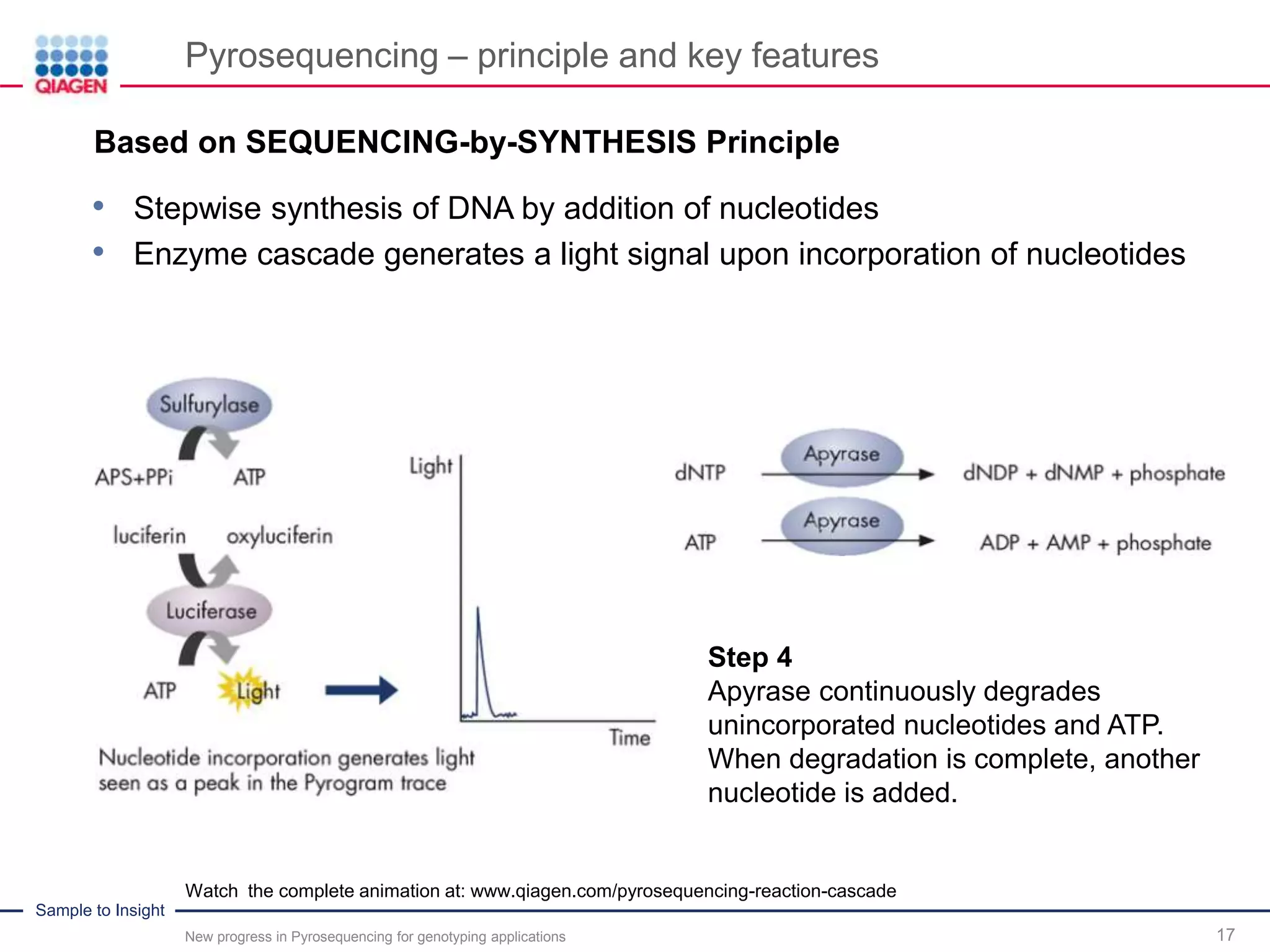 Sample to Insight
Pyrosequencing – principle and key features
New progress in Pyrosequencing for genotyping applications 17
Step 4
Apyrase continuously degrades
unincorporated nucleotides and ATP.
When degradation is complete, another
nucleotide is added.
Watch the complete animation at: www.qiagen.com/pyrosequencing-reaction-cascade
.Based on SEQUENCING-by-SYNTHESIS Principle
• Stepwise synthesis of DNA by addition of nucleotides
• Enzyme cascade generates a light signal upon incorporation of nucleotides
 