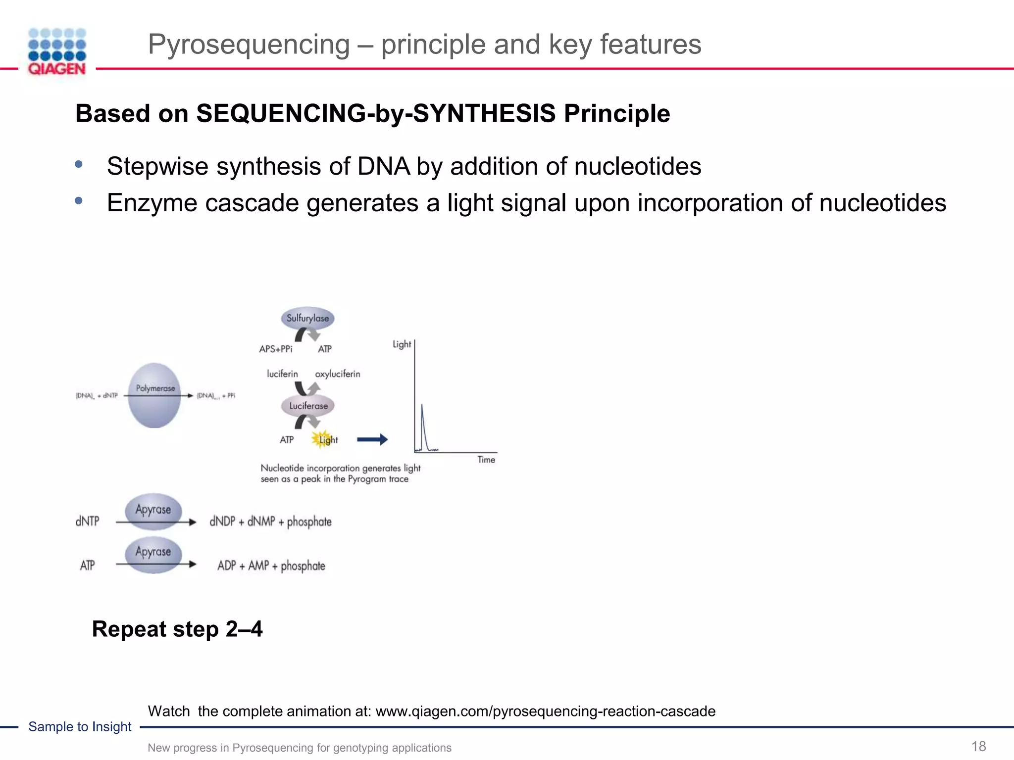 Sample to Insight
Pyrosequencing – principle and key features
New progress in Pyrosequencing for genotyping applications 18
Repeat step 2–4
Watch the complete animation at: www.qiagen.com/pyrosequencing-reaction-cascade
.Based on SEQUENCING-by-SYNTHESIS Principle
• Stepwise synthesis of DNA by addition of nucleotides
• Enzyme cascade generates a light signal upon incorporation of nucleotides
 
