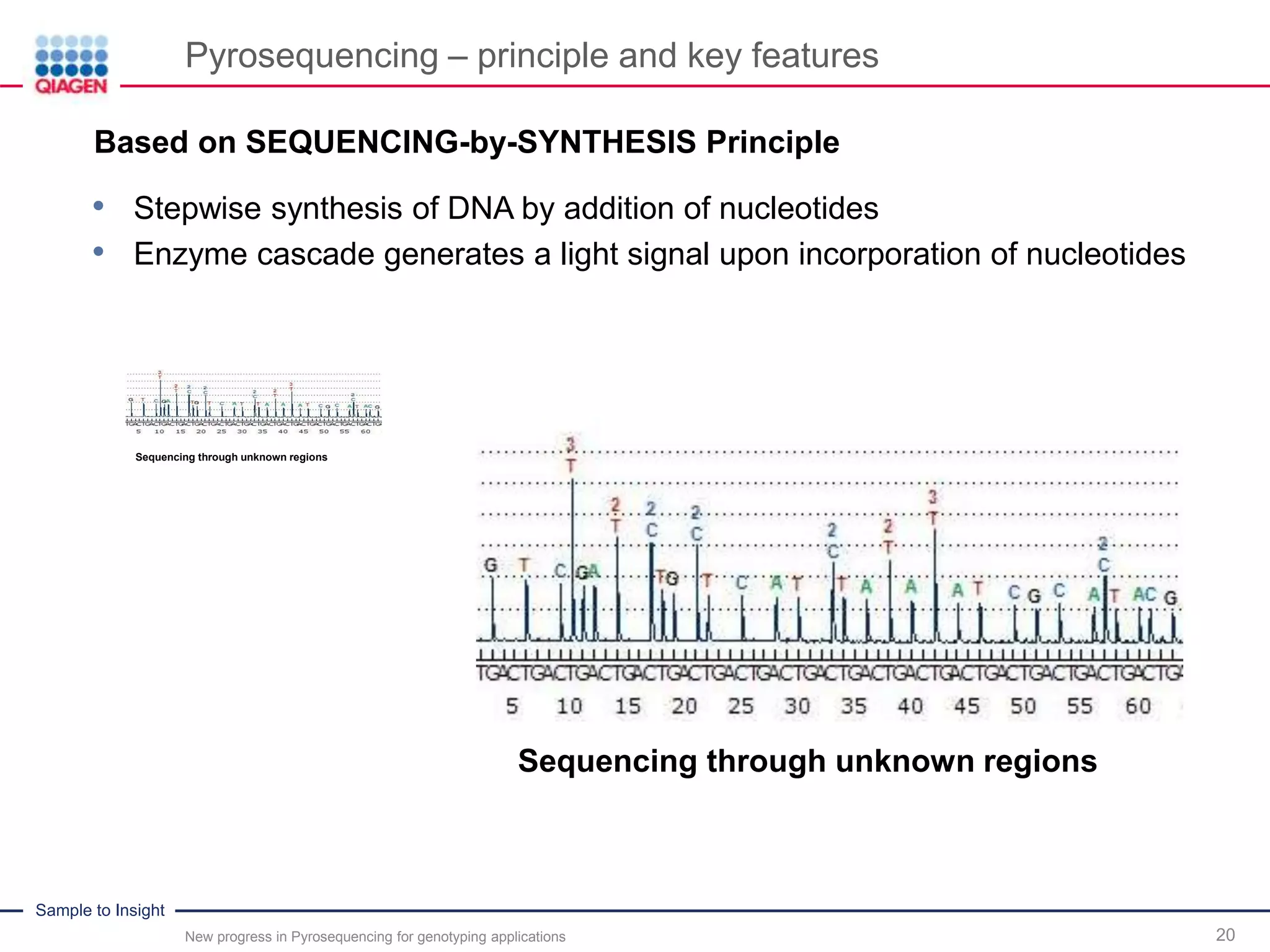 Sample to Insight
Pyrosequencing – principle and key features
New progress in Pyrosequencing for genotyping applications 20
Sequencing through unknown regions
Sequencing through unknown regions
.Based on SEQUENCING-by-SYNTHESIS Principle
• Stepwise synthesis of DNA by addition of nucleotides
• Enzyme cascade generates a light signal upon incorporation of nucleotides
 