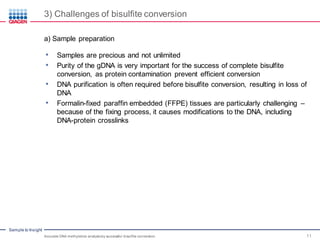 Sample to Insight
3) Challenges of bisulfite conversion
Accurate DNA methylation analysisby successful bisulfite conversion 11
a) Sample preparation
• Samples are precious and not unlimited
• Purity of the gDNA is very important for the success of complete bisulfite
conversion, as protein contamination prevent efficient conversion
• DNA purification is often required before bisulfite conversion, resulting in loss of
DNA
• Formalin-fixed paraffin embedded (FFPE) tissues are particularly challenging –
because of the fixing process, it causes modifications to the DNA, including
DNA-protein crosslinks
 