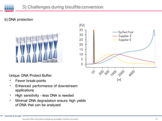 Sample to Insight
3) Challenges during bisulfite conversion
Accurate DNA methylation analysisby successful bisulfite conversion 14
b) DNA protection
Unique DNA Protect Buffer:
• Fewer break-points
• Enhanced performance of downstream
applications
• High sensitivity - less DNA is needed
• Minimal DNA degradation ensurs high yields
of DNA that can be analyzed
 