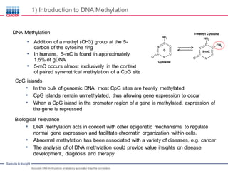 Sample to Insight
1) Introduction to DNA Methylation
DNA Methylation
• Addition of a methyl (CH3) group at the 5-
carbon of the cytosine ring
• In humans, 5-mC is found in approximately
1.5% of gDNA
• 5-mC occurs almost exclusively in the context
of paired symmetrical methylation of a CpG site
.CpG islands
• In the bulk of genomic DNA, most CpG sites are heavily methylated
• CpG islands remain unmethylated, thus allowing gene expression to occur
• When a CpG island in the promoter region of a gene is methylated, expression of
the gene is repressed
Biological relevance
• DNA methylation acts in concert with other epigenetic mechanisms to regulate
normal gene expression and facilitate chromatin organization within cells.
• Abnormal methylation has been associated with a variety of diseases, e.g. cancer
• The analysis of of DNA methylation could provide value insights on disease
development, diagnosis and therapy
Accurate DNA methylation analysisby successful bisulfite conversion
 