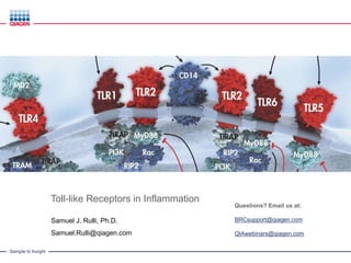 Sample to Insight
Toll-like Receptors in Inflammation
Samuel J. Rulli, Ph.D.
Samuel.Rulli@qiagen.com
Questions? Email us at:
BRCsupport@qiagen.com
QIAwebinars@qiagen.com
Part Two of a Four-Part Webinar Series on Microbiology
 
