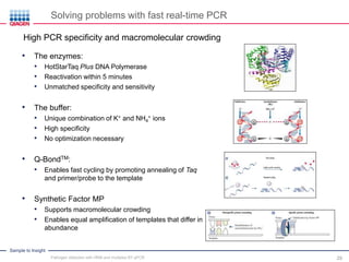 Sample to Insight
• The enzymes:
• HotStarTaq Plus DNA Polymerase
• Reactivation within 5 minutes
• Unmatched specificity and sensitivity
• The buffer:
• Unique combination of K+ and NH4
+ ions
• High specificity
• No optimization necessary
• Q-BondTM:
• Enables fast cycling by promoting annealing of Taq
and primer/probe to the template
• Synthetic Factor MP
• Supports macromolecular crowding
• Enables equal amplification of templates that differ in
abundance
Solving problems with fast real-time PCR
High PCR specificity and macromolecular crowding
Pathogen detection with HRM and multiplex RT-qPCR 29
 