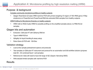 Sample to Insight
Purpose & background
Complex community microbiome profiling on healthy subjects:
• Qiagen RotorGene Q 5-plex HRM real-time PCR with primers targeting V3 region of 16S rRNA gene (170bp
amplicons) on PowerSoil and PowerFecal DNA kits extracted DNA samples from healthy subjects
HRM Profiling for Microbiome Diversity on healthy subjects:
• HRM melt on RGQ 5-plex HRM for possible profiling on the amplified samples above; no PMA-Rx’ed
samples
Qiagen kits and automation
• Extraction: QIAcube HT with QIAamp DNA kit
• Type-it HRM PCR kit
• QIAgility for liquid handling & assay setup
• Rotor-Gene Q PCR with 100-Disc
Validation strategy
• Look at the sample pretreatment options and protocols
• Test samples on QIAcube HT instrument and protocol for an automation and full workflow solution (propose:
total 48 – 64 combined fecal + soil samples)
• Reference kit: Data will need to have full range of QC (Qxpert, Nanodrop 8000)
• Will evaluate limited samples with real-time PCR
Results
Application 4: Microbiome profiling by high resolution melting (HRM)
Pathogen detection with HRM and multiplex RT-qPCR 40
 