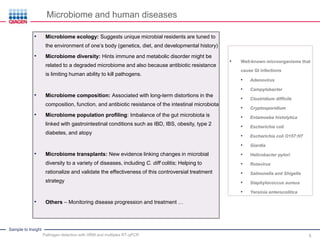 Sample to Insight
• Well-known microorganisms that
cause GI infections
• Adenovirus
• Campylobacter
• Clostridium difficile
• Cryptosporidium
• Entamoeba histolytica
• Escherichia coli
• Escherichia coli O157:H7
• Giardia
• Helicobacter pylori
• Rotavirus
• Salmonella and Shigella
• Staphylococcus aureus
• Yersinia enterocolitica
• Microbiome ecology: Suggests unique microbial residents are tuned to
the environment of one’s body (genetics, diet, and developmental history)
• Microbiome diversity: Hints immune and metabolic disorder might be
related to a degraded microbiome and also because antibiotic resistance
is limiting human ability to kill pathogens.
• Microbiome composition: Associated with long-term distortions in the
composition, function, and antibiotic resistance of the intestinal microbiota
• Microbiome population profiling: Imbalance of the gut microbiota is
linked with gastrointestinal conditions such as IBD, IBS, obesity, type 2
diabetes, and atopy
• Microbiome transplants: New evidence linking changes in microbial
diversity to a variety of diseases, including C. diff colitis; Helping to
rationalize and validate the effectiveness of this controversial treatment
strategy
• Others – Monitoring disease progression and treatment …
Microbiome and human diseases
Pathogen detection with HRM and multiplex RT-qPCR 5
 