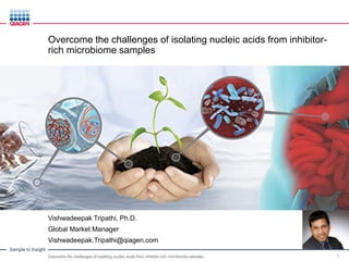 Sample to Insight
Overcome the challenges of isolating nucleic acids from inhibitor-
rich microbiome samples
Vishwadeepak Tripathi, Ph.D.
Global Market Manager
Vishwadeepak.Tripathi@qiagen.com
Overcome the challenges of isolating nucleic acids from inhibitor-rich microbiome samples 1
 