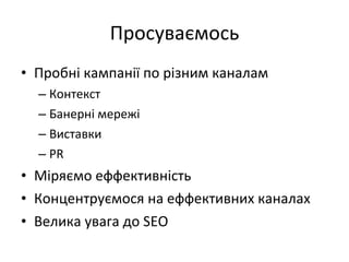 Просуваємось Пробні кампанії по різним каналам Контекст Банерні мережі Виставки PR Міряємо еффективність Концентруємося на еффективних каналах Велика увага до  SEO 