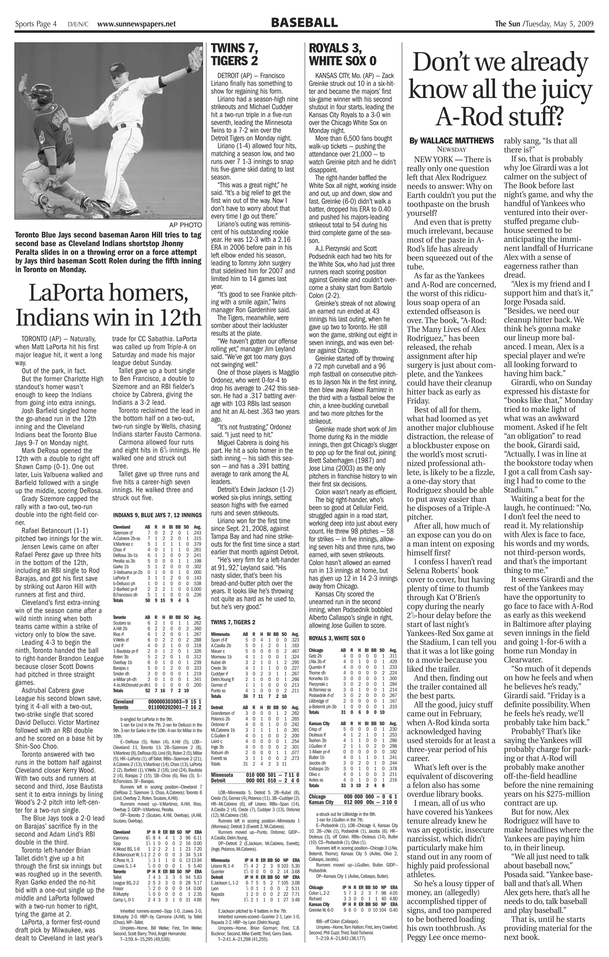 Sports Page 4       D/E/N/C    www.sunnewspapers.net                                                                               BASEBALL                                                                                                      The Sun /Tuesday, May 5, 2009


                                                                                                 TWINS 7,                                              ROYALS 3,
                                                                                                 TIGERS 2
                                                                                                     DETROIT (AP) — Francisco
                                                                                                                                                       WHITE SOX 0
                                                                                                                                                          KANSAS CITY, Mo. (AP) — Zack
                                                                                                                                                                                                                   Don’t we already
                                                                                                 Liriano finally has something to
                                                                                                 show for regaining his form.
                                                                                                     Liriano had a season-high nine
                                                                                                                                                       Greinke struck out 10 in a six-hit-
                                                                                                                                                       ter and became the majors’ first
                                                                                                                                                       six-game winner with his second                             know all the juicy
                                                                                                                                                                                                                     A-Rod stuff?
                                                                                                 strikeouts and Michael Cuddyer                        shutout in four starts, leading the
                                                                                                 hit a two-run triple in a five-run                    Kansas City Royals to a 3-0 win
                                                                                                 seventh, leading the Minnesota                        over the Chicago White Sox on
                                                                                                 Twins to a 7-2 win over the                           Monday night.
                                                                                                 Detroit Tigers on Monday night.                          More than 6,500 fans bought                               By WALLACE MATTHEWS              rably sang, “Is that all
                                                                                                     Liriano (1-4) allowed four hits,                  walk-up tickets — pushing the
                                                                                                 matching a season low, and two
                                                                                                                                                                                                                               NEWSDAY               there is?”
                                                                                                                                                       attendance over 21,000 — to
                                                                                                 runs over 7 1-3 innings to snap                       watch Greinke pitch and he didn’t                               NEW YORK — There is              If so, that is probably
                                                                                                 his five-game skid dating to last                     disappoint.                                                 really only one question          why Joe Girardi was a lot
                                                                                                 season.                                                  The right-hander baffled the                             left that Alex Rodriguez          calmer on the subject of
                                                                                                     “This was a great night,” he                      White Sox all night, working inside                         needs to answer: Why on           The Book before last
                                                                                                 said. “It’s a big relief to get the                   and out, up and down, slow and                              Earth couldn’t you put the        night’s game, and why the
                                                                                                 first win out of the way. Now I                       fast. Greinke (6-0) didn’t walk a                                                             handful of Yankees who
                                                                                                 don’t have to worry about that
                                                                                                                                                                                                                   toothpaste on the brush
                                                                                                                                                       batter, dropped his ERA to 0.40                                                               ventured into their over-
                                                                                                 every time I go out there.”                           and pushed his majors-leading                               yourself?
                                                                            AP PHOTO                 Liriano’s outing was reminis-                     strikeout total to 54 during his                                And even that is pretty       stuffed pregame club-
                                                                                                 cent of his outstanding rookie                        third complete game of the sea-                             much irrelevant, because          house seemed to be
Toronto Blue Jays second baseman Aaron Hill tries to tag
                                                                                                 year. He was 12-3 with a 2.16                         son.                                                        most of the paste in A-           anticipating the immi-
second base as Cleveland Indians shortstop Jhonny                                                ERA in 2006 before pain in his
Peralta slides in on a throwing error on a force attempt                                                                                                  A.J. Pierzynski and Scott                                Rod’s life has already            nent landfall of Hurricane
                                                                                                 left elbow ended his season,                          Podsednik each had two hits for                             been squeezed out of the          Alex with a sense of
by Jays third baseman Scott Rolen during the fifth inning                                        leading to Tommy John surgery                         the White Sox, who had just three
in Toronto on Monday.                                                                                                                                                                                              tube.                             eagerness rather than
                                                                                                 that sidelined him for 2007 and                       runners reach scoring position
                                                                                                 limited him to 14 games last                                                                                          As far as the Yankees         dread.
                                                                                                                                                       against Greinke and couldn’t over-

 LaPorta homers,                                                                                 year.                                                 come a shaky start from Bartolo                             and A-Rod are concerned,             “Alex is my friend and I
                                                                                                     “It’s good to see Frankie pitch-                  Colon (2-2).                                                the worst of this ridicu-         support him and that’s it,”
                                                                                                 ing with a smile again,” Twins                           Greinke’s streak of not allowing                         lous soap opera of an             Jorge Posada said.

Indians win in 12th
                                                                                                 manager Ron Gardenhire said.                          an earned run ended at 43                                   extended offseason is             “Besides, we need our
                                                                                                     The Tigers, meanwhile, were                       innings his last outing, when he                            over. The book, “A-Rod:           cleanup hitter back. We
                                                                                                 somber about their lackluster                         gave up two to Toronto. He still                                                              think he’s gonna make
                                                                                                 results at the plate.                                                                                             The Many Lives of Alex
                                                                                                                                                       won the game, striking out eight in                         Rodriguez,” has been              our lineup more bal-
   TORONTO (AP) — Naturally,         trade for CC Sabathia. LaPorta                                  “We haven’t gotten our offense                    seven innings, and was even bet-
when Matt LaPorta hit his first      was called up from Triple-A on                              rolling yet,” manager Jim Leyland                     ter against Chicago.                                        released, the rehab               anced. I mean, Alex is a
major league hit, it went a long     Saturday and made his major                                 said. “We’ve got too many guys                           Greinke started off by throwing                          assignment after hip              special player and we’re
way.                                 league debut Sunday.                                        not swinging well.”                                   a 72 mph curveball and a 96                                 surgery is just about com-        all looking forward to
   Out of the park, in fact.            Tallet gave up a bunt single                                 One of those players is Magglio                   mph fastball on consecutive pitch-                          plete, and the Yankees            having him back.”
   But the former Charlotte High     to Ben Francisco, a double to                               Ordonez, who went 0-for-4 to                          es to Jayson Nix in the first inning,
                                     Sizemore and an RBI fielder’s                                                                                                                                                 could have their cleanup             Girardi, who on Sunday
standout’s homer wasn’t                                                                          drop his average to .242 this sea-                    then blew away Alexei Ramirez in
enough to keep the Indians           choice by Cabrera, giving the                                                                                                                                                 hitter back as early as           expressed his distaste for
                                                                                                 son. He had a .317 batting aver-                      the third with a fastball below the
from going into extra innings.       Indians a 3-2 lead.                                         age with 103 RBIs last season                                                                                     Friday.                           “books like that,” Monday
                                                                                                                                                       chin, a knee-buckling curveball
   Josh Barfield singled home           Toronto reclaimed the lead in                            and hit an AL-best .363 two years                     and two more pitches for the                                    Best of all for them,         tried to make light of
the go-ahead run in the 12th         the bottom half on a two-out,                               ago.                                                  strikeout.                                                  what had loomed as yet            what was an awkward
inning and the Cleveland             two-run single by Wells, chasing                                “It’s not frustrating,” Ordonez                      Greinke made short work of Jim                           another major clubhouse           moment. Asked if he felt
Indians beat the Toronto Blue        Indians starter Fausto Carmona.                             said. “I just need to hit.”                           Thome during Ks in the middle                               distraction, the release of       “an obligation” to read
Jays 9-7 on Monday night.               Carmona allowed four runs                                    Miguel Cabrera is doing his                       innings, then got Chicago’s slugger                         a blockbuster expose on           the book, Girardi said,
                                                         2
   Mark DeRosa opened the            and eight hits in 6 ⁄3 innings. He                          part. He hit a solo homer in the                      to pop up for the final out, joining
                                     walked one and struck out                                   sixth inning — his sixth this sea-                                                                                the world’s most scruti-          “Actually, I was in line at
12th with a double to right off                                                                                                                        Brett Saberhagen (1987) and
Shawn Camp (0-1). One out            three.                                                      son — and has a .391 batting                                                                                      nized professional ath-           the bookstore today when
                                                                                                                                                       Jose Lima (2003) as the only                                                                  I got a call from Cash say-
later, Luis Valbuena walked and         Tallet gave up three runs and                            average to rank among the AL                          pitchers in franchise history to win                        lete, is likely to be a fizzle,
Barfield followed with a single      five hits a career-high seven                               leaders.                                              their first six decisions.                                  a one-day story that              ing I had to come to the
up the middle, scoring DeRosa.       innings. He walked three and                                    Detroit’s Edwin Jackson (1-2)                        Colon wasn’t nearly as efficient.                        Rodriguez should be able          Stadium.”
   Grady Sizemore capped the         struck out five.                                            worked six-plus innings, setting                         The big right-hander, who’s                              to put away easier than              Waiting a beat for the
rally with a two-out, two-run                                                                    season highs with five earned                         been so good at Cellular Field,                             he disposes of a Triple-A         laugh, he continued: “No,
double into the right-field cor-     INDIANS 9, BLUE JAYS 7, 12 INNINGS                          runs and seven strikeouts.                            struggled again in a road start,
                                                                                                     Liriano won for the first time                                                                                pitcher.                          I don’t feel the need to
ner.                                                                                                                                                   working deep into just about every                              After all, how much of        read it. My relationship
   Rafael Betancourt (1-1)
                                     Cleveland
                                     Sizemore cf
                                                         AB
                                                          7
                                                               R H BI BB SO Avg.
                                                               0 2 2 0 1 .243
                                                                                                 since Sept. 21, 2008, against                         count. He threw 98 pitches — 58
pitched two innings for the win.                                                                 Tampa Bay and had nine strike-                                                                                    an expose can you do on           with Alex is face to face,
                                     A.Cabrera 2b-ss      7    1 2 2 0 1 .315                                                                          for strikes — in five innings, allow-
   Jensen Lewis came on after        V.Martinez c         5    1 1 1 1 0 .379                    outs for the first time since a start                 ing seven hits and three runs, two                          a man intent on exposing          his words and my words,
                                     Choo rf              4    0 1 1 1 0 .261
Rafael Perez gave up three hits      DeRosa 3b-1b         6    1 2 0 0 2 .241                    earlier that month against Detroit.                   earned, with seven strikeouts.                              himself first?                    not third-person words,
in the bottom of the 12th,           Peralta ss-3b        5    0 0 0 1 1 .198                        “He’s very firm for a left-hander                 Colon hasn’t allowed an earned                                  I confess I haven’t read      and that’s the important
including an RBI single to Rod
                                     Garko 1b             5    1 2 0 0 0 .302                    at 91, 92,” Leyland said. “His                        run in 13 innings at home, but                              Selena Roberts’ book              thing to me.”
                                     3-Valbuena pr-2b     0    1 0 0 1 0 .000
Barajas, and got his first save                                                                  nasty slider, that’s been his                         has given up 12 in 14 2-3 innings
                                     LaPorta lf
                                     b-Dellucci ph
                                                          3
                                                          1
                                                               1 1 2 0 0 .143
                                                               0 1 0 0 0 .538                    bread-and-butter pitch over the                                                                                   cover to cover, but having           It seems Girardi and the
by striking out Aaron Hill with      2-Barfield pr-lf     2    2 2 1 0 0 1.000                                                                         away from Chicago.                                          plenty of time to thumb           rest of the Yankees may
runners at first and third.          B.Francisco dh       5    1 1 0 0 0 .236
                                                                                                 years. It looks like he’s throwing                       Kansas City scored the
                                                                                                 not quite as hard as he used to,                                                                                  through Kat O’Brien’s             have the opportunity to
   Cleveland’s first extra-inning    Totals              50    9 15 9 4 5                                                                              unearned run in the second
                                                                                                 but he’s very good.”                                  inning, when Podsednik bobbled                              copy during the nearly            go face to face with A-Rod
win of the season came after a
wild ninth inning when both          Toronto          AB       R H BI BB SO               Avg.                                                         Alberto Callaspo’s single in right,                         21⁄2-hour delay before the        as early as this weekend
                                     Scutaro ss         6      2 1 0 1 1                 .262    TWINS 7, TIGERS 2                                                                                                 start of last night’s             in Baltimore after playing
teams came within a strike of        A.Hill 2b          6      2 2 0 0 2                 .360                                                          allowing Jose Guillen to score.
victory only to blow the save.       Rios rf            6      1 2 0 0 1                 .267    Minnesota         AB   R H BI BB SO           Avg.                                                                Yankees-Red Sox game at           seven innings in the field
                                     V.Wells cf         6      0 2 2 0 2                 .288    Span cf-lf         5   0 4 1 0 0             .323     ROYALS 3, WHITE SOX 0
   Leading 4-3 to begin the          Lind lf            4      0 2 1 0 0                 .318    A.Casilla 2b       5   0 1 2 0 1             .163                                                                 the Stadium, I can tell you       and going 1-for-6 with a
ninth, Toronto handed the ball       1-Bautista pr-lf   2      0 1 2 0 1                 .326    Mauer c            5   0 0 0 0 2             .467     Chicago         AB R H BI BB SO                      Avg.   that it was a lot like going      home run Monday in
                                     Rolen 3b           5      2 2 0 1 0                 .312    Morneau 1b         4   1 1 0 0 1             .324     Getz 2b          4 0 0 0 0 1                        .311
to right-hander Brandon League       Overbay 1b         6      0 1 0 0 1                 .239    Kubel dh           3   2 1 0 1 2             .295     J.Nix 3b-rf      4 0 1 0 0 1                        .429    to a movie because you            Clearwater.
because closer Scott Downs           Barajas c          5      0 1 2 0 0                 .333    Crede 3b           4   1 1 1 0 0             .227     Quentin lf       4 0 0 0 0 1                        .233
                                                                                                                                                                                                                   liked the trailer.                   “So much of it depends
had pitched in three straight        Snider dh          3      0 0 0 0 1                 .219    Cuddyer rf         3   0 2 3 1 1             .267     Thome dh         4 0 0 0 0 2                        .224
                                     a-Millar ph-dh     2      0 1 0 0 1                 .341    Delm.Young lf      2   1 0 0 0 1             .266     Konerko 1b       3 0 0 0 0 1                        .300        And then, finding out         on how he feels and when
games.                                                                                                                                                 Pierzynski c     3 0 2 0 0 1                        .284
   Asdrubal Cabrera gave
                                     4-Jo.McDonald pr-dh1
                                     Totals            52
                                                               0 1 0 0 0
                                                               7 16 7 2 10
                                                                                         .200    Gomez cf
                                                                                                 Punto ss
                                                                                                                    1
                                                                                                                    4
                                                                                                                        1 1 0 0 0
                                                                                                                        1 0 0 0 2
                                                                                                                                              .213
                                                                                                                                              .211     Al.Ramirez ss    3 0 1 0 0 1                        .214    the trailer contained all         he believes he’s ready,”
League his second blown save,                                                                    Totals            36   7 11 7 2 10                    Podsednik rf-cf  3 0 2 0 0 0                        .267    the best parts.                   Girardi said. “Friday is a
                                     Cleveland             000000303003—9 15 1                                                                         Lillibridge cf   2 0 0 0 0 1                        .167
tying it 4-all with a two-out,       Toronto               011000202001—7 16 2                   Detroit           AB   R H BI BB SO           Avg.    a-Betemit ph-3b 1 0 0 0 0 1                         .310        All the good, juicy stuff     definite possibility. When
two-strike single that scored                                                                    Granderson cf      3   0 0 0 1 2             .262     Totals          31 0 6 0 0 10                               came out in February,             he feels he’s ready, we’ll
                                          b-singled for LaPorta in the 9th.                      Polanco 2b         4   0 1 0 0 1             .265
David Dellucci. Victor Martinez           1-ran for Lind in the 7th. 2-ran for Dellucci in the   Ordonez rf         4   0 0 1 0 0             .242     Kansas City        AB    R H BI BB SO Avg.                  when A-Rod kinda sorta            probably take him back.”
followed with an RBI double          9th. 3-ran for Garko in the 10th. 4-ran for Millar in the   Mi.Cabrera 1b      3   1 1 1 1 0             .391     Crisp cf
                                                                                                                                                       DeJesus lf
                                                                                                                                                                           5
                                                                                                                                                                           4
                                                                                                                                                                                0 0 0 0 1 .230
                                                                                                                                                                                1 2 1 0 1 .253                     acknowledged having                  Probably? That’s like
                                     10th.                                                       C.Guillen lf       4   0 1 0 0 2             .200
and he scored on a base hit by            E—DeRosa (5), Rolen (4), A.Hill (5). LOB—              Laird c            4   0 0 0 0 1             .254     Teahen 3b           4    1 1 0 0 1 .286                     used steroids for at least a      saying the Yankees will
Shin-Soo Choo.                       Cleveland 11, Toronto 13. 2B—Sizemore 2 (8),                Inge 3b            4   0 0 0 0 2             .301     J.Guillen rf        2    1 1 0 2 0 .298
                                                                                                                                                                                                                   three-year period of his          probably charge for park-
                                                                                                 Raburn dh          2   0 0 0 1 1             .077     1-Maier pr-rf       0    0 0 0 0 0 .182
   Toronto answered with two         V.Martinez (8),DeRosa (6),Lind (9),Rolen 2 (5),Millar
runs in the bottom half against
                                     (5). HR—LaPorta (1), off Tallet. RBIs—Sizemore 2 (21),      Everett ss         3   1 1 0 0 2             .273     Butler 1b
                                                                                                                                                       Jacobs dh
                                                                                                                                                                           4
                                                                                                                                                                           3
                                                                                                                                                                                0 1 1 0 1 .241
                                                                                                                                                                                0 2 0 1 0 .244
                                                                                                                                                                                                                   career.                           ing or that A-Rod will
                                     A.Cabrera 2 (13),V.Martinez (14), Choo (13), LaPorta        Totals            31   2 4 2 3 11
Cleveland closer Kerry Wood.         2 (2), Barfield (1), V.Wells 2 (18), Lind (24), Bautista                                                          Callaspo 2b         3    0 1 0 1 0 .378                         What’s left over is the       probably make another
                                                                                                                                                       Olivo c             4    0 1 0 0 3 .211
With two outs and runners at         2 (4), Barajas 2 (15). SB—Choo (6), Rios (3). S—            Minnesota
                                                                                                 Detroit
                                                                                                                     010 000 501 — 7 11 0
                                                                                                                     000 001 010 — 2 4 0               Aviles ss           4    0 1 0 0 1 .216
                                                                                                                                                                                                                   equivalent of discovering         off-the-field headline
                                     B.Francisco. SF—Barajas.
second and third, Jose Bautista           Runners left in scoring position—Cleveland 7                                                                 Totals             33    3 10 2 4 8                         a felon also has some             before the nine remaining
sent it to extra innings by lining   (DeRosa 2, Sizemore 3, Choo, A.Cabrera); Toronto 6
                                     (Lind, Overbay 2, Rolen, Scutaro,A.Hill).
                                                                                                      LOB—Minnesota 5, Detroit 5. 2B—Kubel (8),
                                                                                                 Crede (5), Gomez (4), Polanco (11). 3B—Cuddyer (2).   Chicago              000 000 000 — 0 6 1                    overdue library books.            years on his $275-million
Wood’s 2-2 pitch into left-cen-           Runners moved up—V.Martinez, A.Hill, Rios,             HR—Mi.Cabrera (6), off Liriano. RBIs—Span (14),       Kansas City          012 000 00x — 3 10 0                       I mean, all of us who         contract are up.
ter for a two-run single.            Overbay 2. GIDP—V.Martinez, Peralta.                        A.Casilla 2 (4), Crede (7), Cuddyer 3 (13), Ordonez
                                                                                                                                                            a-struck out for Lillibridge in the 8th.               have covered his Yankees             But for now, Alex
                                          DP—Toronto 2 (Scutaro, A.Hill, Overbay), (A.Hill,      (12), Mi.Cabrera (18).
   The Blue Jays took a 2-0 lead     Scutaro, Overbay).                                               Runners left in scoring position—Minnesota 1          1-ran for J.Guillen in the 7th.                        tenure already knew he            Rodriguez will have to
on Barajas’ sacrifice fly in the                                                                 (Morneau); Detroit 3 (Everett 2, Mi.Cabrera).              E—Podsednik (1). LOB—Chicago 4, Kansas City
                                                                                                                                                                                                                                                     make headlines where the
                                     Cleveland          IP     H   R   ER   BB   SO   NP ERA          Runners moved up—Punto, Ordonez. GIDP—           10. 2B—J.Nix (1), Podsednik (1), Jacobs (6). HR—            was an egotistic, insecure
second and Adam Lind’s RBI                                                                                                                             DeJesus (3), off Colon. RBIs—DeJesus (14), Butler
double in the third.
                                     Carmona
                                     Sipp
                                                        62⁄3
                                                        11⁄3
                                                               8
                                                               1
                                                                   4
                                                                   0
                                                                        4
                                                                        0
                                                                             1
                                                                             0
                                                                                  3
                                                                                  2
                                                                                      96 6.11
                                                                                      16 0.00
                                                                                                 A.Casilla, Delm.Young.
                                                                                                      DP—Detroit 2 (E.Jackson, Mi.Cabrera, Everett),   (10). CS—Podsednik (1), Olivo (1).                          narcissist, which didn’t          Yankees are paying him
   Toronto left-hander Brian         K.Wood BS, 1-6      1     2   2    2    1    1   23 7.20    (Inge, Polanco, Mi.Cabrera).                               Runners left in scoring position—Chicago 3 (J.Nix,     particularly make him             to, in their lineup.
                                     R.Betancourt W, 1-1 2     2   0    0    0    3   34 5.14                                                          Betemit, Thome); Kansas City 5 (Aviles, Olivo 2,
Tallet didn’t give up a hit          R.Perez H, 3        1
                                                          ⁄3   3   1    1    0    0   13 13.94   Minnesota        IP H R ER BB SO NP           ERA     Callaspo, Jacobs).                                          stand out in any room of             “We all just need to talk
through the first six innings but    J.Lewis S, 1-4      2
                                                          ⁄3   0   0    0    0    1    5 5.40    Liriano W, 1-4   71⁄3 4 2 2 3 9 103           5.30         Runners moved up—J.Guillen, Butler. GIDP—              highly paid professional          about baseball now,”
                                     Toronto            IP     H   R   ER   BB   SO   NP ERA     Guerrier         12⁄3 0 0 0 0 2 14            3.68    Podsednik.
was roughed up in the seventh.       Tallet              7     4   3    3    3    5   94 5.83    Detroit          IP H R ER BB SO NP           ERA          DP—Kansas City 1 (Aviles, Callaspo, Butler).           athletes.                         Posada said. “Yankee base-
Ryan Garko ended the no-hit          League BS, 2-2      2     5   3    3    0    0   28 5.17    E.Jackson L, 1-2 6 7 5 5 2 7 105              3.08                                                                    So he’s a lousy tipper of     ball and that’s all. When
                                     Frasor              2
                                                          ⁄3   2   0    0    0    0   14 0.00    Lyon              1
                                                                                                                    ⁄3 0 1 1 0 0 2             5.11    Chicago             IP   H   R   ER   BB   SO NP    ERA
bid with a one-out single up the     B.Murphy            1
                                                          ⁄3   0   0    0    0    0    1 2.35    Rapada            1 2 0 0 0 2 22              7.71    Colon L, 2-2         5   7   3    2    3    7 98    4.05    money, an (allegedly)             Alex gets here, that’s all he
middle and LaPorta followed          Camp L, 0-1         2     4   3    3    1    0   31 4.85    Perry            12⁄3 2 1 1 0 1 27            3.48    Richard              3   3   0    0    1    1 40    4.80
                                                                                                                                                                                                                   accomplished tipper of            needs to do, talk baseball
with a two-run homer to right,                                                                                                                         Kansas City         IP   H   R   ER   BB   SO NP    ERA
tying the game at 2.                     Inherited runners-scored—Sipp 1-0, J.Lewis 2-0,            E.Jackson pitched to 4 batters in the 7th.         Greinke W, 6-0       9   6   0    0    0   10 104   0.40    signs, and too pampered           and play baseball.”
                                     B.Murphy 2-0. HBP—by Carmona (A.Hill), by Tallet               Inherited runners-scored—Guerrier 2-1, Lyon 1-0,
   LaPorta, a former first-round     (Choo).WP—Tallet.                                           Rapada 2-2. HBP—by Lyon (Delm.Young).                    IBB—off Colon (Callaspo).                                to be bothered loading               That is, until he starts
draft pick by Milwaukee, was             Umpires—Home, Bill Welke; First, Tim Welke;                Umpires—Home, Brian Gorman; First, C.B.               Umpires—Home,Tom Hallion; First, Jerry Crawford;
                                                                                                                                                       Second, Phil Cuzzi; Third,Todd Tichenor.
                                                                                                                                                                                                                   his own toothbrush. As            providing material for the
                                     Second, Scott Barry; Third,Angel Hernandez.                 Bucknor; Second, Mike Everitt; Third, Gerry Davis.
dealt to Cleveland in last year’s        T—3:59.A—15,295 (49,539).                                  T—2:41.A—21,298 (41,255).                             T—2:19.A—21,843 (38,177).                                Peggy Lee once memo-              next book.
 