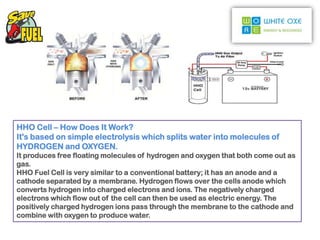 HHO Cell – How Does It Work?
It's based on simple electrolysis which splits water into molecules of
HYDROGEN and OXYGEN.
It produces free floating molecules of hydrogen and oxygen that both come out as
gas.
HHO Fuel Cell is very similar to a conventional battery; it has an anode and a
cathode separated by a membrane. Hydrogen flows over the cells anode which
converts hydrogen into charged electrons and ions. The negatively charged
electrons which flow out of the cell can then be used as electric energy. The
positively charged hydrogen ions pass through the membrane to the cathode and
combine with oxygen to produce water.
 