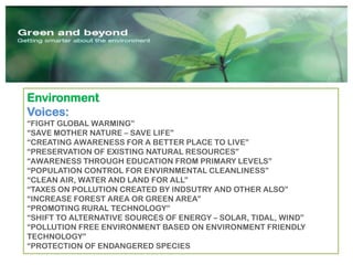 Environment
Voices:
“FIGHT GLOBAL WARMING”
“SAVE MOTHER NATURE – SAVE LIFE”
“CREATING AWARENESS FOR A BETTER PLACE TO LIVE”
“PRESERVATION OF EXISTING NATURAL RESOURCES”
“AWARENESS THROUGH EDUCATION FROM PRIMARY LEVELS”
“POPULATION CONTROL FOR ENVIRNMENTAL CLEANLINESS”
“CLEAN AIR, WATER AND LAND FOR ALL”
“TAXES ON POLLUTION CREATED BY INDSUTRY AND OTHER ALSO”
“INCREASE FOREST AREA OR GREEN AREA”
“PROMOTING RURAL TECHNOLOGY”
“SHIFT TO ALTERNATIVE SOURCES OF ENERGY – SOLAR, TIDAL, WIND”
“POLLUTION FREE ENVIRONMENT BASED ON ENVIRONMENT FRIENDLY
TECHNOLOGY”
“PROTECTION OF ENDANGERED SPECIES
 