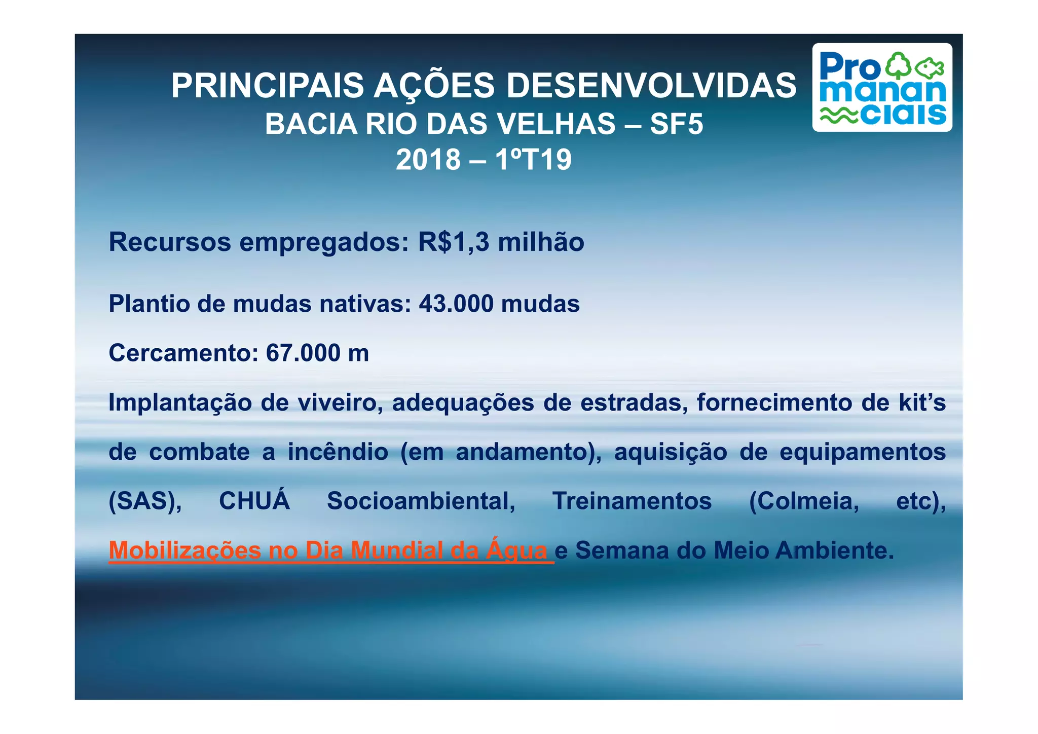 Recursos empregados: R$1,3 milhão
Plantio de mudas nativas: 43.000 mudas
Cercamento: 67.000 m
PRINCIPAIS AÇÕES DESENVOLVIDAS
BACIA RIO DAS VELHAS – SF5
2018 – 1ºT19
Implantação de viveiro, adequações de estradas, fornecimento de kit’s
de combate a incêndio (em andamento), aquisição de equipamentos
(SAS), CHUÁ Socioambiental, Treinamentos (Colmeia, etc),
Mobilizações no Dia Mundial da Água e Semana do Meio Ambiente.
 