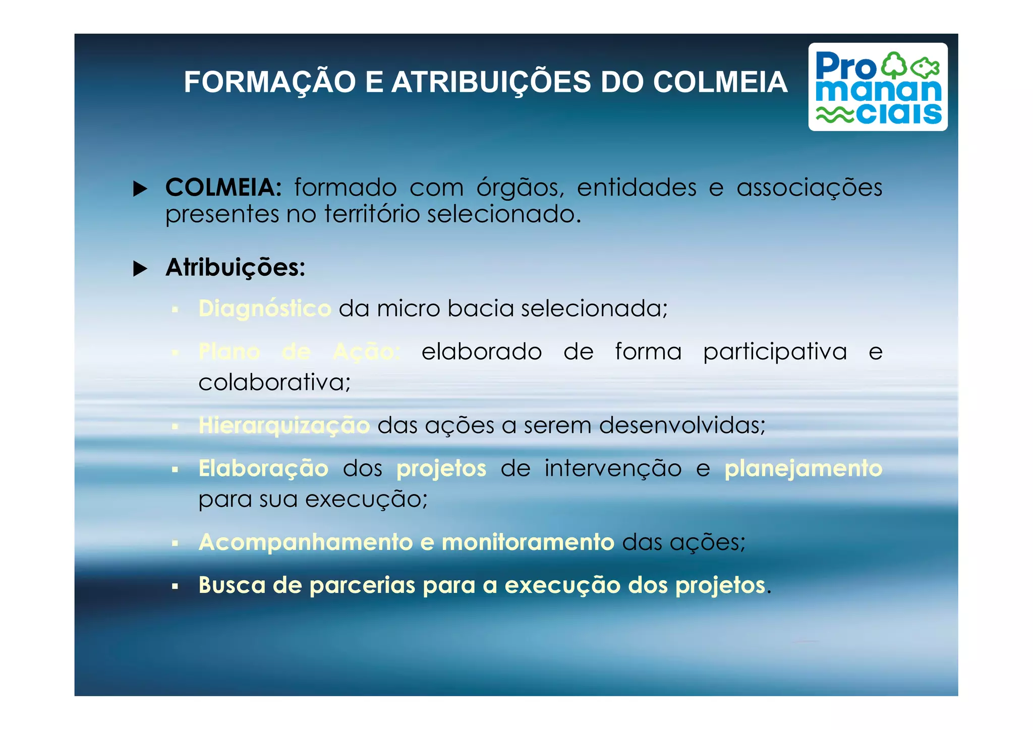  COLMEIA: formado com órgãos, entidades e associações
presentes no território selecionado.
 Atribuições:
 DiagnósticoDiagnóstico da micro bacia selecionada;
 PlanoPlano dede AçãoAção:: elaborado de forma participativa e
FORMAÇÃO E ATRIBUIÇÕES DO COLMEIA
colaborativa;
 HierarquizaçãoHierarquização das ações a serem desenvolvidas;
 ElaboraçãoElaboração dos projetosprojetos de intervenção e planejamentoplanejamento
para sua execução;
 AcompanhamentoAcompanhamento ee monitoramentomonitoramento das ações;
 BuscaBusca dede parceriasparcerias parapara aa execuçãoexecução dosdos projetosprojetos.
 
