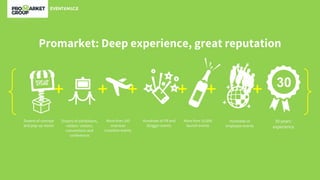 ++++++ 30
30 years’
experience
Promarket: Deep experience, great reputation
Hundreds of
employee events
More than 10,000
launch events
Hundreds of PR and
blogger events
More than 100
overseas
incentive events
Dozens of exhibitions,
visitors’ centers,
conventions and
conferences
Dozens of concept
and pop-up stores
 