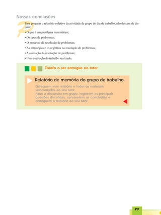 Nossas conclusões



P
   Para preparar o relatório coletivo da atividade de grupo do dia de trabalho, não deixem de dis-
   cutir:
   • O que é um problema matemático;
   • Os tipos de problemas;
   • O processo de resolução de problemas;
   • As estratégias e os registros na resolução de problemas;
   • A avaliação da resolução de problemas;
   • Uma avaliação do trabalho realizado.


                   Tarefa a ser entregue ao tutor


           Relatório de memória do grupo de trabalho
           Entreguem este relatório e todos os materiais
           selecionados ao seu tutor.
           Após a discussão em grupo, registrem as principais
           questões discutidas, apresentem as conclusões e
           entreguem o relatório ao seu tutor.




                                                                                              23
 