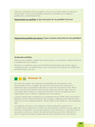 relações existentes entre os registros e escreva um texto sobre as relações
observadas. Como nas atividades anteriores, formalize sua avaliação,
justificando-a detalhadamente.

Organizando seu portfólio: O que fará parte de seu portfólio? Escreva!




Organizando portfólios dos alunos: O que os alunos colocarão em seus portfólios?




Analisando portfólios
Observe seu portfólio, analise suas observações – da primeira à última! Observe
o portfólio de cinco alunos.
Retome as avaliações que você foi efetivando durante este estudo. Agora,
estabeleça uma “avaliação final” para seus alunos em função da análise dos
portfólios deles e do seu.




                Atividade 10

Por meio da análise do conteúdo dos portfólios de seus alunos e das
observações do seu, imagine que você vai escrever uma carta para a
professora que vai substituí-lo durante um mês em sua sala de aula. Nesta
carta, você precisa elaborar um parecer sobre sua sala de aula, sobre os
conteúdos que ministrou e o que ela ministrará. Você exemplificará seus
argumentos com os dados e reflexões de cinco alunos.
É senso comum que o professor ou a professora deve refletir sobre sua prática.
Ninguém duvida dessa afirmação. No entanto, a reflexão pela reflexão pode
não levar a um resultado profícuo. Freitas (2002, p.03) relata em suas pesquisas
que:
em algumas situações essa reflexão é desencadeada a partir de um
acontecimento específico ocorrido em determinado momento e que exige do
professor reorganizar a sua ação naquele exato momento. [...] De outra forma,
que pareceu não ser comum, foi possível perceber que esta “reflexão na
ação” enquanto intenção deliberada de uma professora em estar atenta




                                                                              29
 
