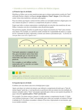• Usando a reta numérica e a Bota de Muitas Léguas
a) Primeiro tipo de atividade
Distribua as folhas com as retas numéricas para que os alunos representem os pulos da “bota”
utilizando flechas e depois verifiquem em que número a “bota” chegou. (Uma folha pode
conter várias retas numéricas, uma para cada jogada).
Peça aos alunos que façam o sorteio de dois cartões (ver atividade anterior) e digam para a tur-
ma o número de pulos (1o sorteio) e o comprimento do pulo (2o sorteio).
Espere que todos os alunos representem a multiplicação em uma das retas numéricas de suas
folhas e comente com eles os resultados, antes da próxima jogada.
Nas primeiras jogadas, desenhe no quadro-de-giz alguns movimentos da “bota” para orientar
seus alunos. Por exemplo, se o primeiro cartão sorteado for 2 (quantidade de pulos) e o segun-
do for 3 (tamanho do pulo), represente e oriente seus alunos a perceberem que: “As flechas di-
zem que duas vezes três é igual a seis”.




Você pode aumentar o conjunto de car-
tões, para introduzir outros fatos bási-
cos, lembrando que as retas devem ser
numeradas com todos os resultados
possíveis.
Por exemplo, se você utilizar cartões
numerados até 9, a reta deve ser nume-
rada do zero até 81.



               TI 8
Aplique uma atividade como esta em sua turma. Descreva a atividade que
você aplicou e faça um pequeno relato dos resultados.


b) Segundo tipo de atividade
Combine com seus alunos uma nova estratégia para o jogo.
Agora, um aluno vai sortear um número, que indicará o comprimento do pulo que a “bota de
muitas léguas” pode dar, e você (professora ou professor) dirá um número da reta (múltiplo do
número sorteado) onde a “bota” está parada esperando para voltar ao zero (ponto de partida). O
jogo é descobrir quantos pulos a “bota” precisa dar.
Por exemplo: Um aluno sorteia o número 5 e todos anotam o comprimento do pulo: 5. Então
você informa à turma que a “bota” está esperando para voltar, por exemplo, no número 20 (que
é múltiplo de 5). Os alunos circundam o número 20 na reta e representam os movimentos, ago-
ra em sentido contrário.  ○   ○   ○   ○   ○   ○   ○   ○   ○   ○   ○   ○   ○   ○   ○   ○   ○   ○   ○   ○   ○   ○   ○   ○   ○   ○   ○   ○   ○   ○   ○   ○   ○   ○   ○   ○   ○   ○   ○




                                                                                                                                                                  17
 