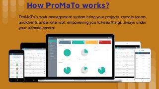 How ProMaTo works?
ProMaTo’s work management system bring your projects, remote teams
and clients under one roof, empowering you to keep things always under
your ultimate control.
 