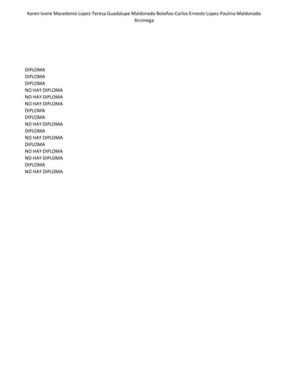 Karen Ivone Macedonio Lopez-Teresa Guadalupe Maldonado Bolaños-Carlos Ernesto Lopez-Paulina Maldonado
Arciniega
DIPLOMA
DIPLOMA
DIPLOMA
NO HAY DIPLOMA
NO HAY DIPLOMA
NO HAY DIPLOMA
DIPLOMA
DIPLOMA
NO HAY DIPLOMA
DIPLOMA
NO HAY DIPLOMA
DIPLOMA
NO HAY DIPLOMA
NO HAY DIPLOMA
DIPLOMA
NO HAY DIPLOMA
 