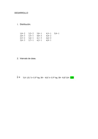 DESARROLLO
1. Distribución.
1,0= 2 3,2= 2 3,8= 1 4,3= 1 5,0= 1
2,0= 3 3,5= 1 4,0= 3 4,4= 2
2,5= 2 3,6= 1 4,1= 3 4,6= 2
3,0= 3 3,7= 1 4,2= 1 4,9= 1
2. Intervalo de clase.
i = 5,0- 1,0 / 1+ 3.3* log. 30= 4,0/ 1+ 3.3* log. 30= 4,0/ 5,8= 0,69
 