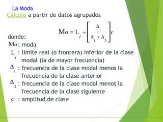 La Moda
Cálculo a partir de datos agrupados
donde:
: moda
: limite real (o frontera) inferior de la clase
modal (la de mayor frecuencia)
: frecuencia de la clase modal menos la
frecuencia de la clase anterior
: frecuencia de la clase modal menos la
frecuencia de la clase siguiente
: amplitud de clase
c
i 





∆+∆
∆
+=
21
1
LoM
oM
i
L
1
∆
2
∆
c
 