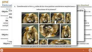 Práctica socialmente compartida Concepto matemático a significar Contexto situacional
Ampliación y reducción La razón como comparación Fotografía
Objetivo. A partir de una imagen que aumenta su tamaño de manera desproporcional, cuestionar el modelo cualitativo: no
es suficiente “a más-más”.
Cómo y cuánto aumenta La razón como cociente incremental Arte
Objetivo. Se hace la reproducción de una imagen no regular: a) todos sus lados aumentan 2 centímetros (no hay
semejanza); b) todos sus lados aumentan un 100% (hay semejanza). El objetivo es diferenciar la relación aditiva de la
multiplicativa, con base en las preguntas “cuánto crece” y “cómo crece” para cuestionar la afirmación “tienen que crecer
igual”.
El sabor La razón como relación Química
Objetivo. La concentración como relación entre soluto y solvente (jugo y agua) permite discutir la idea de razón. Pasando
por relaciones cualitativas o métricas como parte-todo, porcentajes y gráficas.
Las manifestaciones La razón como densidad-aproximación Geografía
Objetivo. Comparando con densidades conocidas, se hacen estimaciones y aproximaciones. Se pretende construir una
herramienta que pase de la estimación intuitiva hacia una más precisa.
14
pme
 