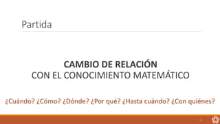 Partida
CAMBIO DE RELACIÓN
CON EL CONOCIMIENTO MATEMÁTICO
3
¿Cuándo? ¿Cómo? ¿Dónde? ¿Por qué? ¿Hasta cuándo? ¿Con quiénes?
 