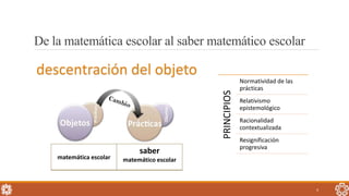 De la matemática escolar al saber matemático escolar
matemática escolar
saber
matemático escolar
descentración del objeto
4
PRINCIPIOS
Normatividad de las
prácticas
Relativismo
epistemológico
Racionalidad
contextualizada
Resignificación
progresiva
 