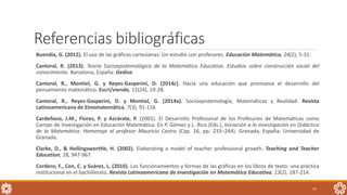 Referencias bibliográficas
Buendía, G. (2012). El uso de las gráficas cartesianas. Un estudio con profesores. Educación Matemática, 24(2), 5-31.
Cantoral, R. (2013). Teoría Socioepistemológica de la Matemática Educativa. Estudios sobre construcción social del
conocimiento. Barcelona, España: Gedisa.
Cantoral, R., Montiel, G. y Reyes-Gasperini, D. (2014c). Hacia una educación que promueva el desarrollo del
pensamiento matemático. Escri/viendo, 11(24), 19-28.
Cantoral, R., Reyes-Gasperini, D. y Montiel, G. (2014a). Socioepistemología, Matemáticas y Realidad. Revista
Latinoamericana de Etnomatemática, 7(3), 91-116.
Cardeñoso, J.M., Flores, P. y Azcárate, P. (2001). El Desarrollo Profesional de los Profesores de Matemáticas como
Campo de Investigación en Educación Matemática. En P. Gómez y L. Rico (Eds.), Iniciación a la investigación en Didáctica
de la Matemática. Homenaje al profesor Mauricio Castro (Cap. 16, pp. 233–244). Granada, España: Universidad de
Granada.
Clarke, D., & Hollingsworthb, H. (2002). Elaborating a model of teacher professional growth. Teaching and Teacher
Education, 18, 947-967.
Cordero, F., Cen, C. y Suárez, L. (2010). Los funcionamientos y formas de las gráficas en los libros de texto: una práctica
institucional en el bachillerato. Revista Latinoamericana de Investigación en Matemática Educativa, 13(2), 187-214.
47
 