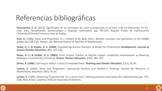 Referencias bibliográficas
Guacaneme, É. A. (2012). Significados de los conceptos de razón y proporción en el Libro V de los Elementos. En O.L.
León (Ed.), Pensamiento, epistemología y lenguaje matemático (pp. 99-135). Bogotá: Fondo de Publicaciones
Universidad Distrital Francisco José de Caldas.
Hart, K. (1988). Ratio and Proportion. In J. Hiebert & M. Behr (Eds.), Number concepts and operations in the middle
grades (pp.198-219). Reston, VA: National Council of Teachers of Mathematics.
Howe, A. C. & Stubbs, H. S. (1998). Empowering Science Teachers: A Model for Professional Development. Journal of
Science Teacher Education, 8(3), 167–182.
Howe, A. C. & Stubbs, H. S. (2003). From Science Teacher to Teacher Leader: Leadership Development as Meaning
Making in a Community of Practice. Science Teacher Education, 87(2), 281–297.
James, P. (1996). Learning to reflect: a story of empowerment. Teaching and Teacher Education, 12(1), 81-97.
Lamon, S. (1993). Ratio and Proportion: Connecting Content and Children´s Thinking. Journal for Research in
Mathematics Education 24(1), 41-61.
Lamon, S. (1999). Reasoning Proportionally. In S. Lamon (Ed.), Teahcing fractions and rations for understanding (pp. 223-
238). New Jersey: Lawrence Erlbaum Associates Publishers.
49
 